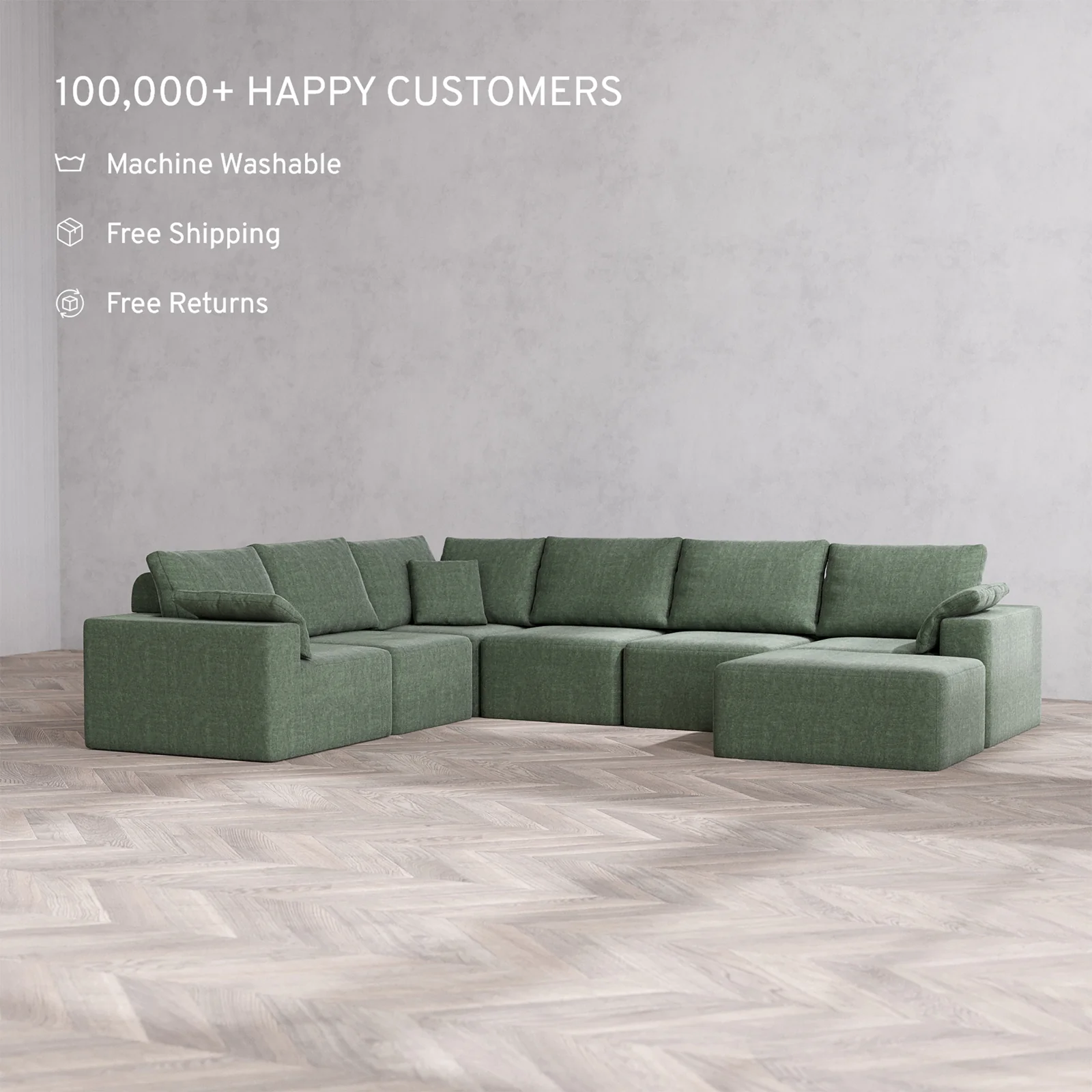Slipcover Only - Modular Washable 7-Seater Corner Chaise Sectional Cloud + Bolster Sofa in Sage - Image 2