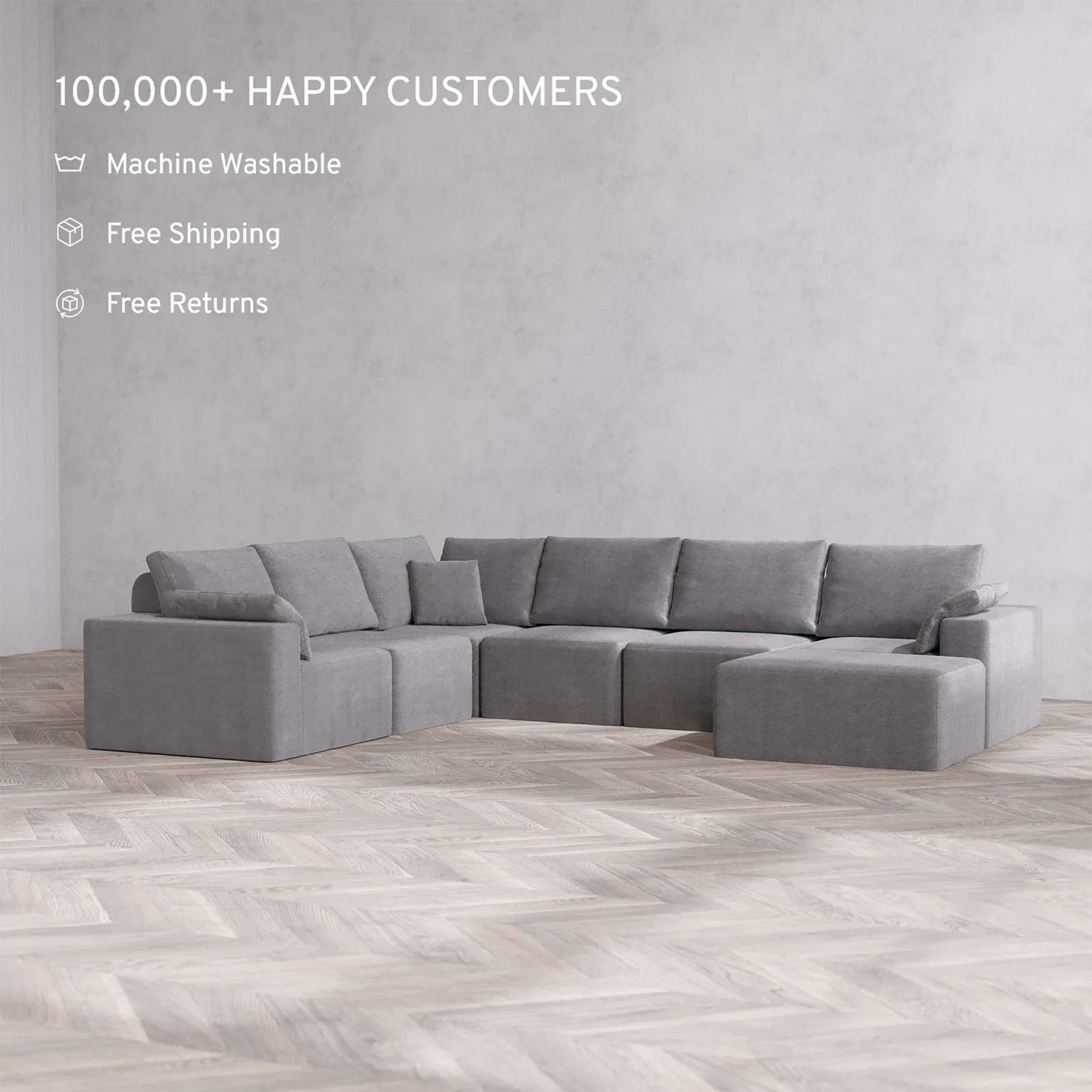 Slipcover Only - Modular Washable 7-Seater Corner Chaise Sectional Cloud + Bolster Sofa in Slate - Image 2