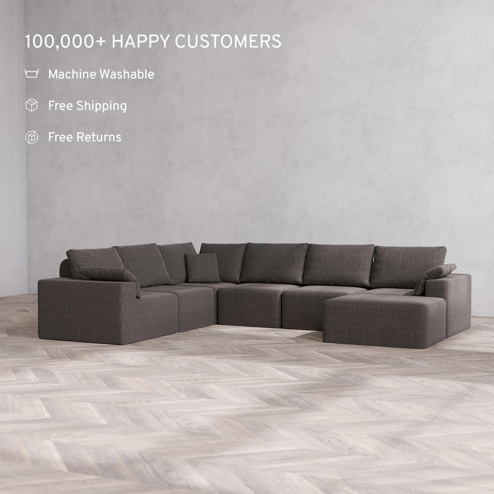 Slipcover Only - Modular Washable 7-Seater Corner Chaise Sectional Cloud + Bolster Sofa in Truffle - Image 2