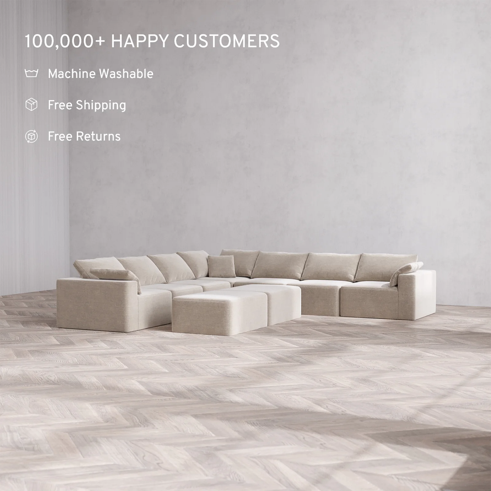 Slipcover Only - Modular Washable 7-Seater Corner Sectional + Chaise Ottoman Bench Cloud Sofa in Caraway - Image 2