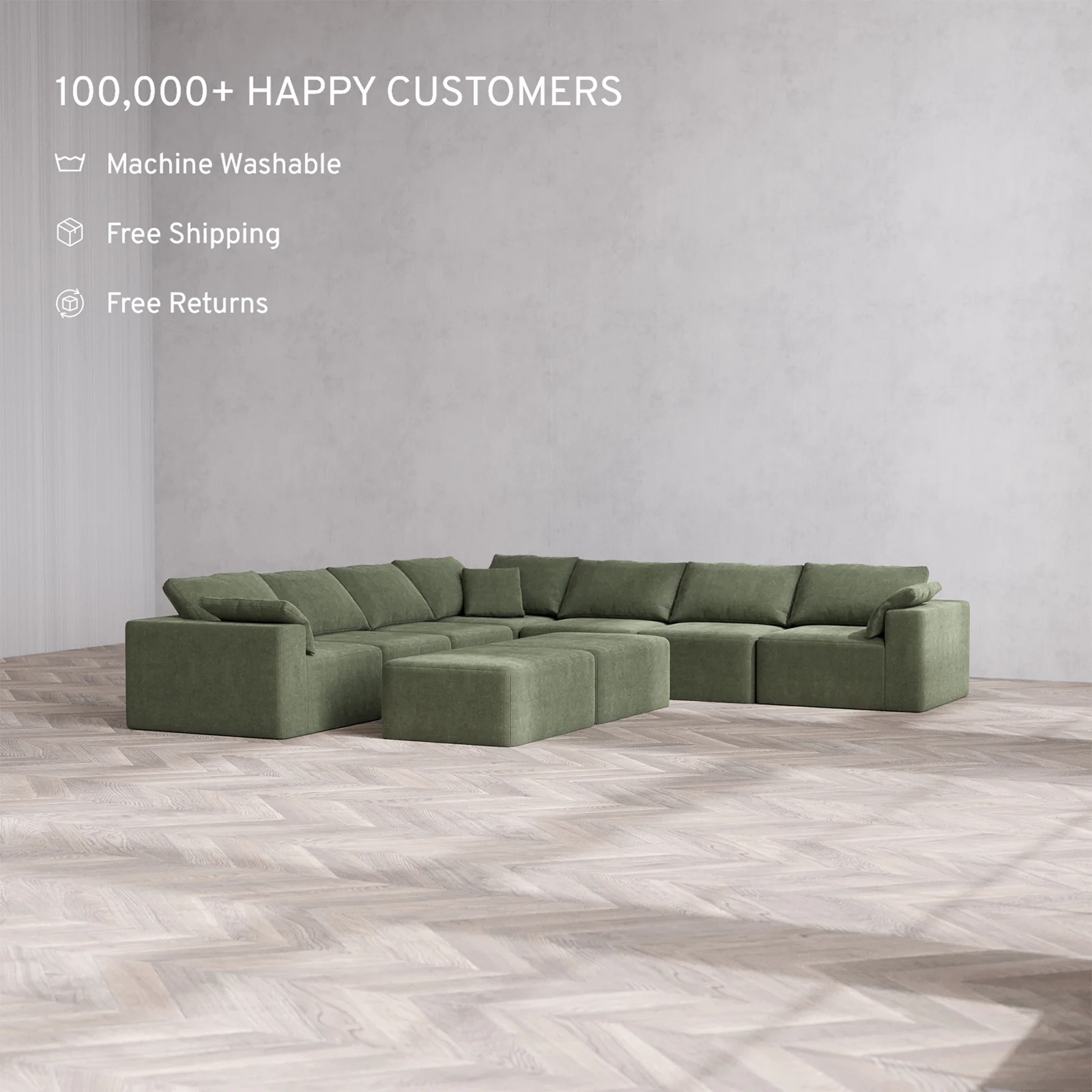 Slipcover Only - Modular Washable 7-Seater Corner Sectional + Chaise Ottoman Bench Cloud Sofa in Juniper - Image 2