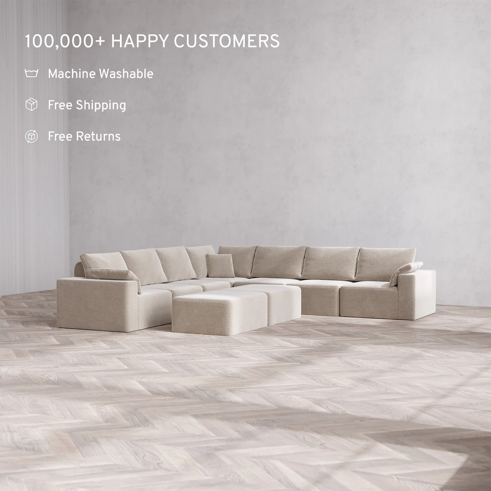 Slipcover Only - Modular Washable 7-Seater Corner Sectional + Chaise Ottoman Bench Cloud + Bolster Sofa in Caraway - Image 2