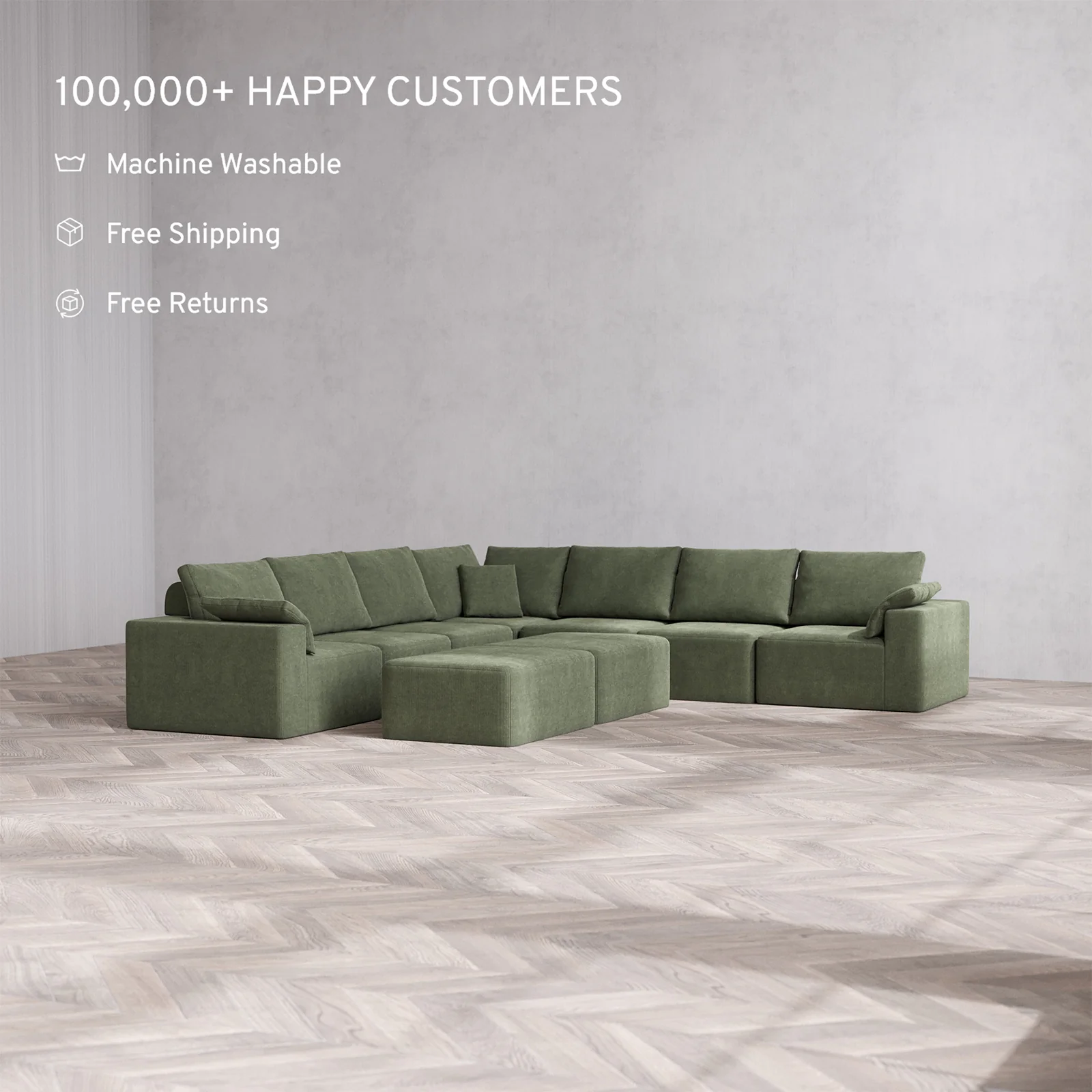 Slipcover Only - Modular Washable 7-Seater Corner Sectional + Chaise Ottoman Bench Cloud + Bolster Sofa in Juniper - Image 2