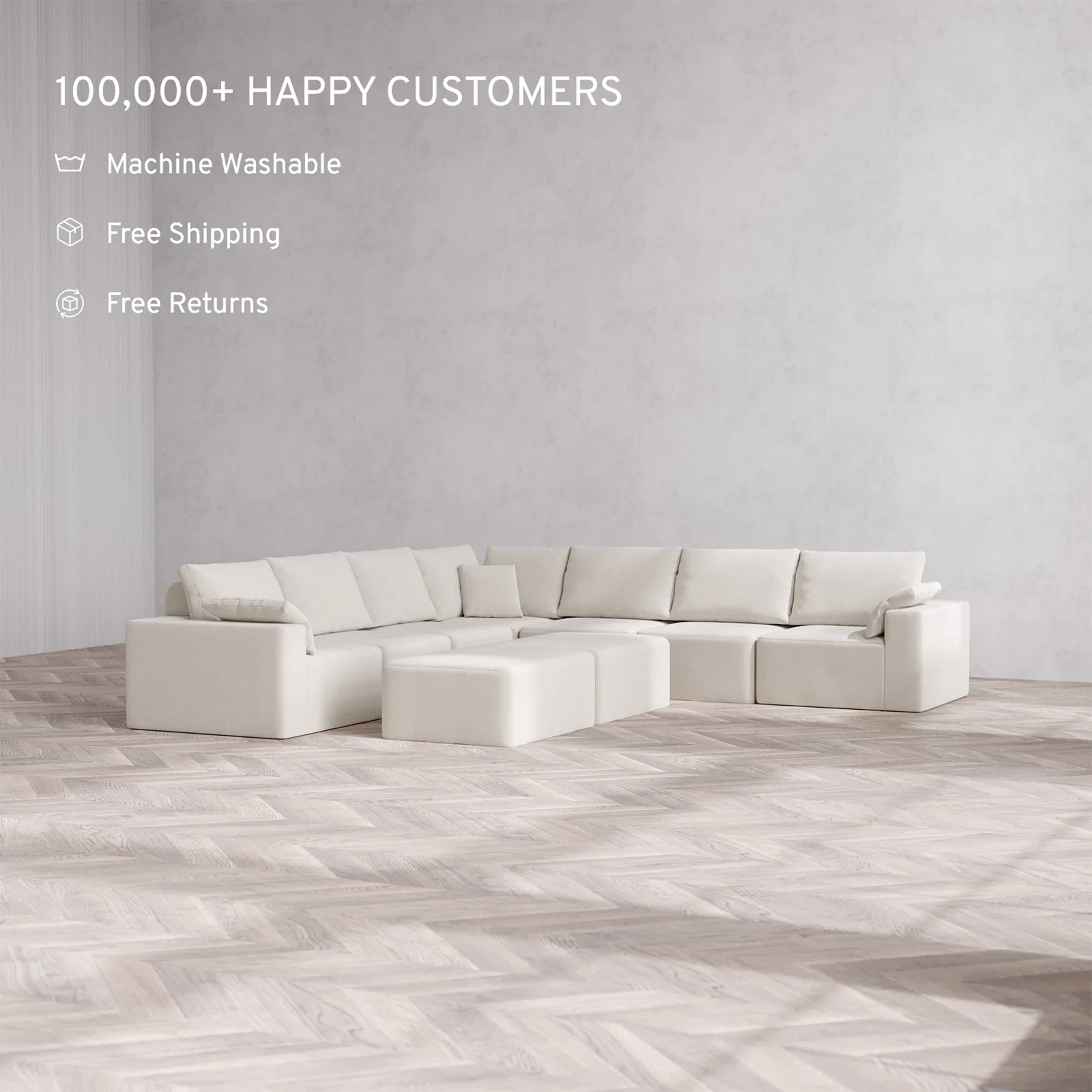 Slipcover Only - Modular Washable 7-Seater Corner Sectional + Chaise Ottoman Bench Cloud + Bolster Sofa in Pearl - Image 2