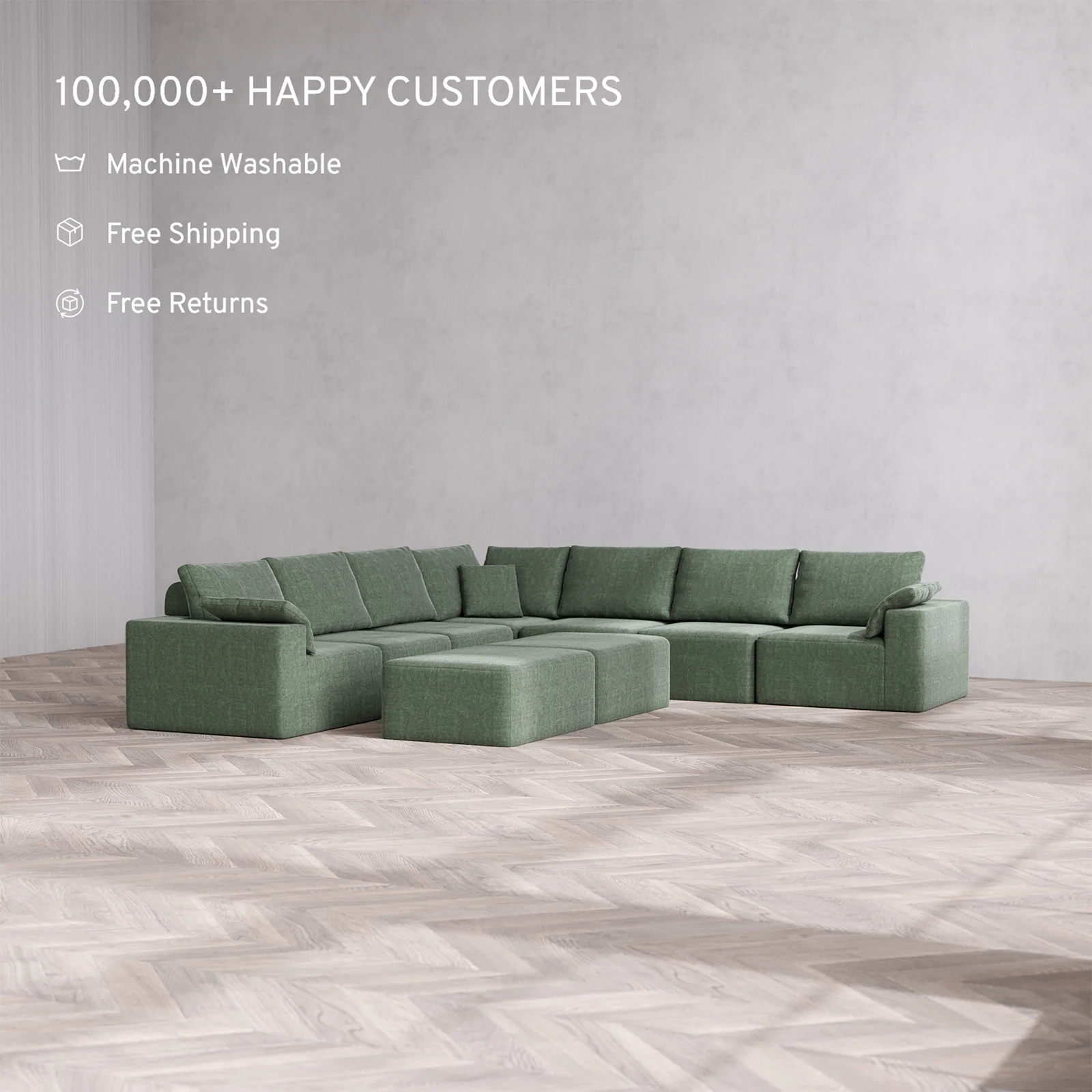Slipcover Only - Modular Washable 7-Seater Corner Sectional + Chaise Ottoman Bench Cloud + Bolster Sofa in Sage - Image 2