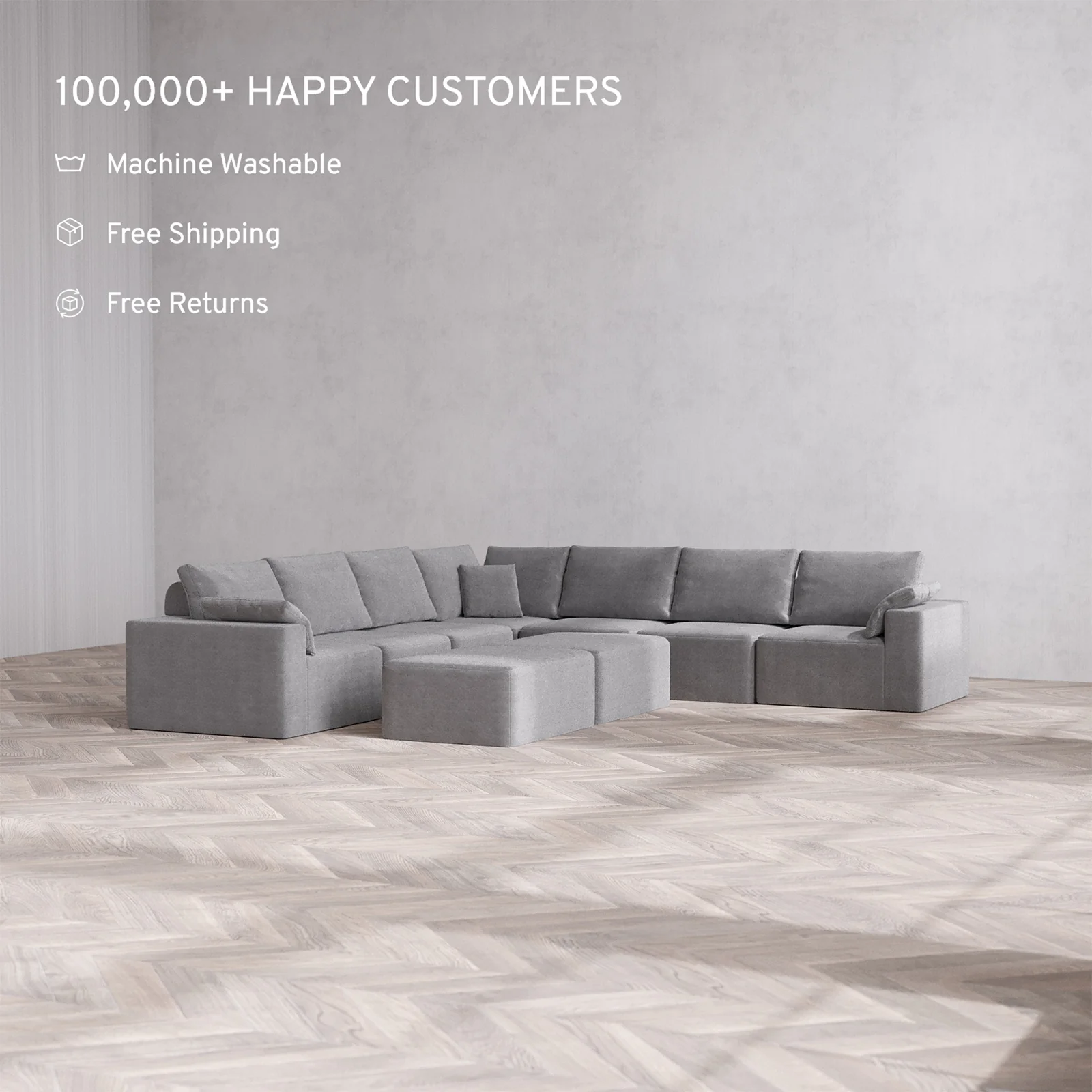 Slipcover Only - Modular Washable 7-Seater Corner Sectional + Chaise Ottoman Bench Cloud + Bolster Sofa in Slate - Image 2