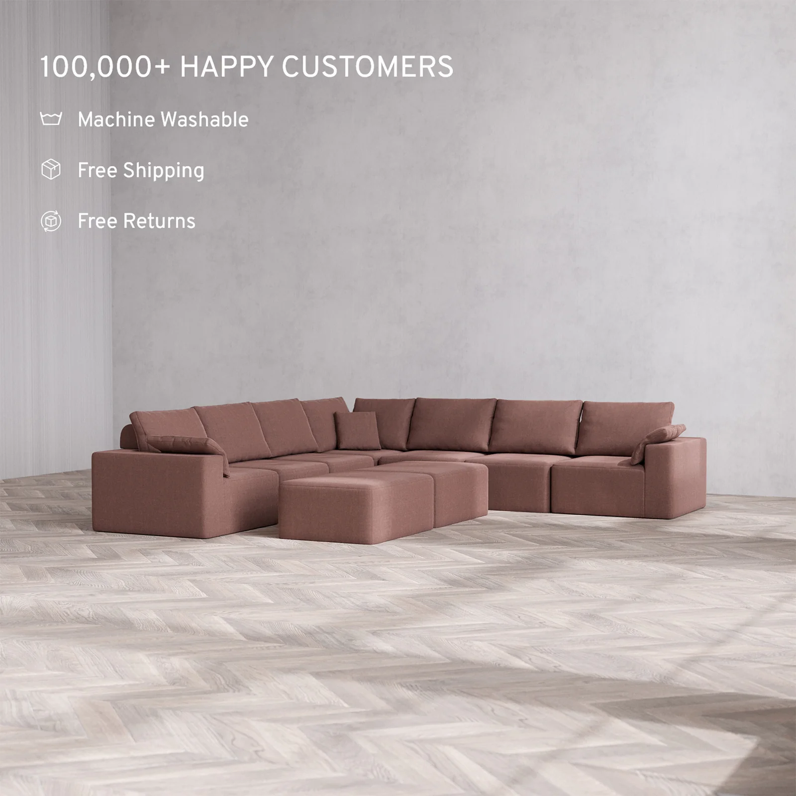 Slipcover Only - Modular Washable 7-Seater Corner Sectional + Chaise Ottoman Bench Cloud + Bolster Sofa in Sumac - Image 2