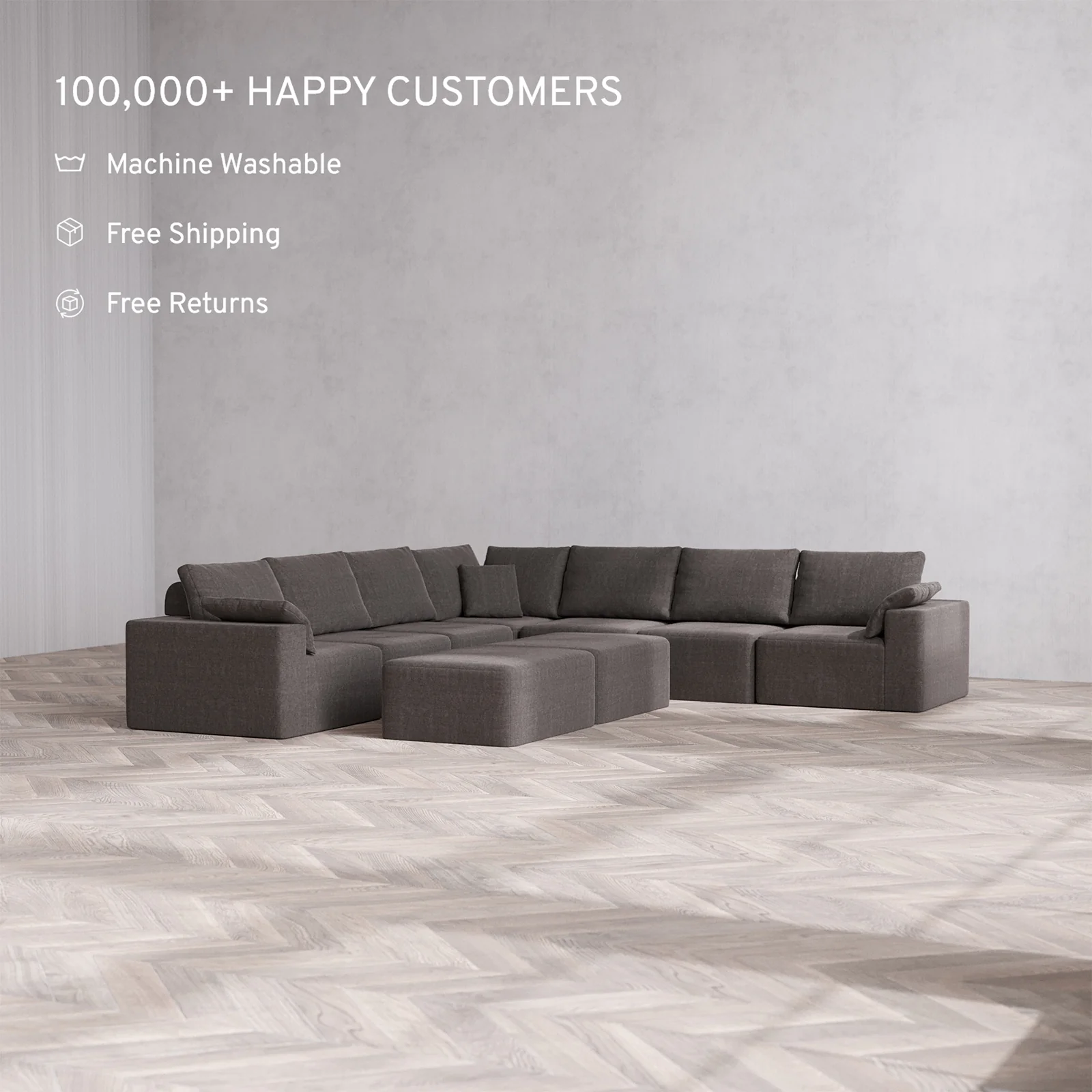 Slipcover Only - Modular Washable 7-Seater Corner Sectional + Chaise Ottoman Bench Cloud + Bolster Sofa in Truffle - Image 2