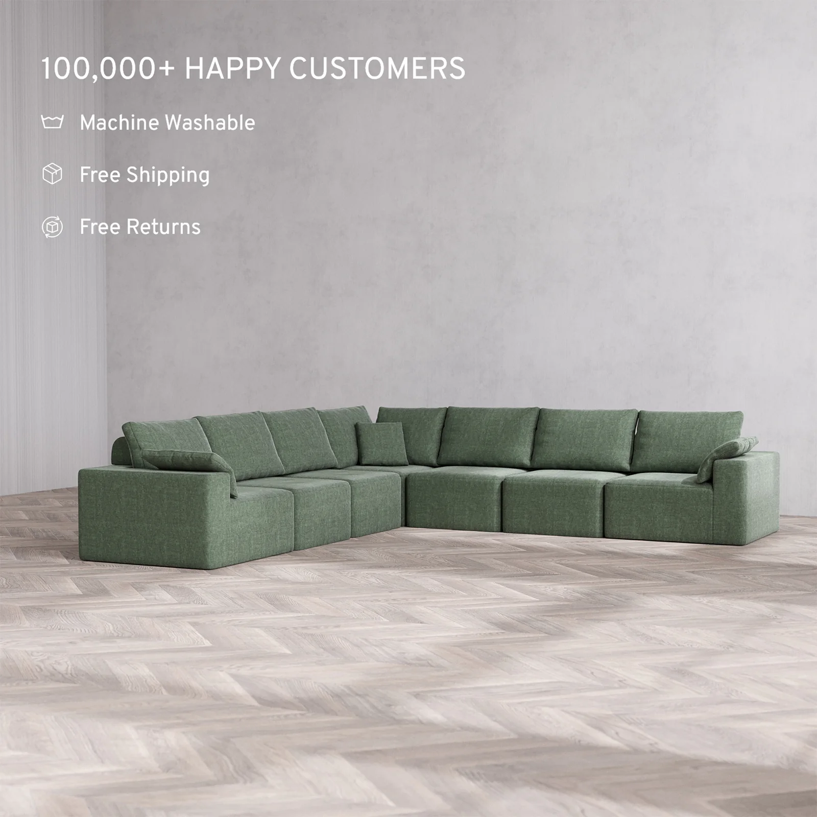 Slipcover Only - Modular Washable 7-Seater Corner Sectional Cloud + Bolster Sofa in Sage - Image 2