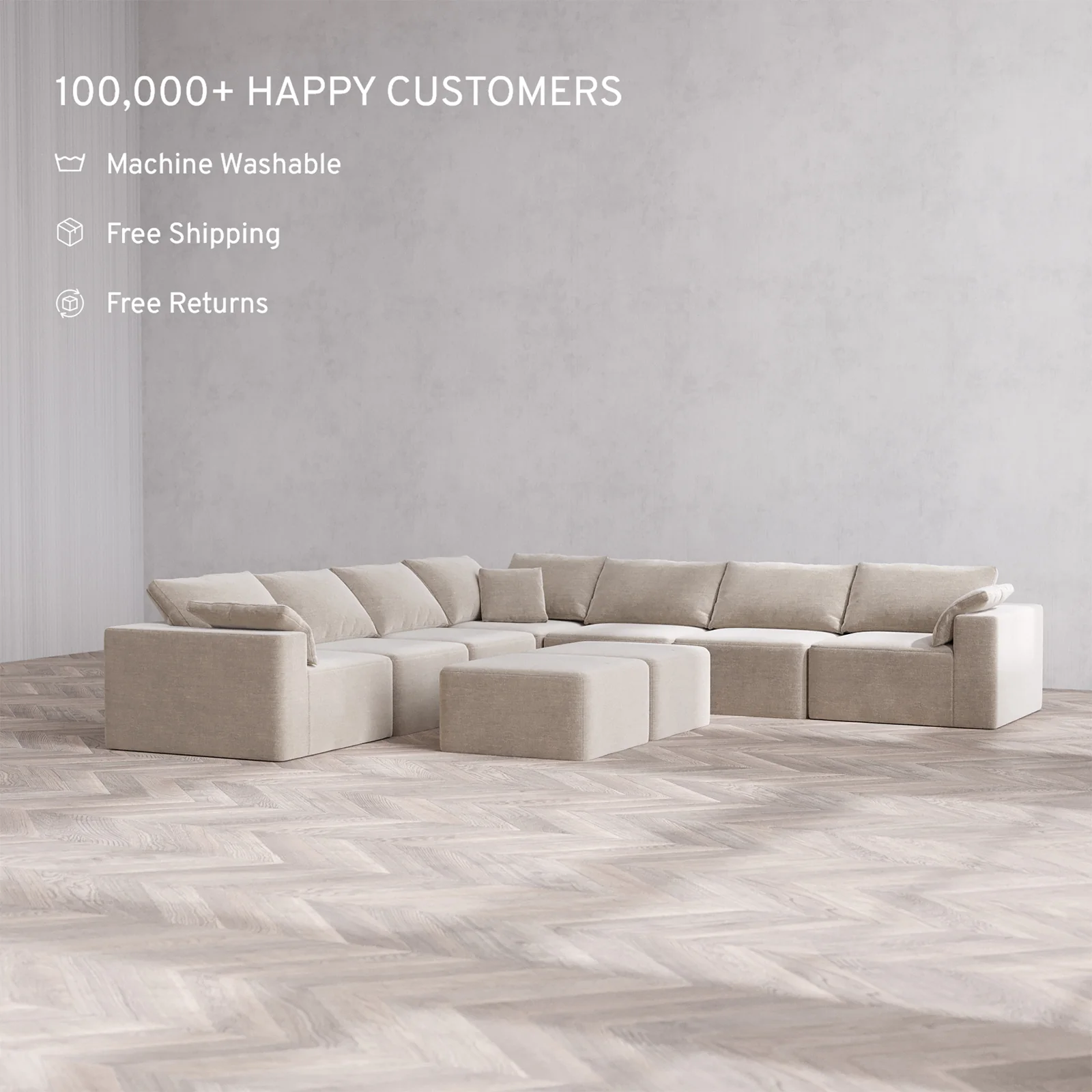 Slipcover Only - Modular Washable 7-Seater Corner Sectional + Ottoman Bench Cloud Sofa in Caraway - Image 2