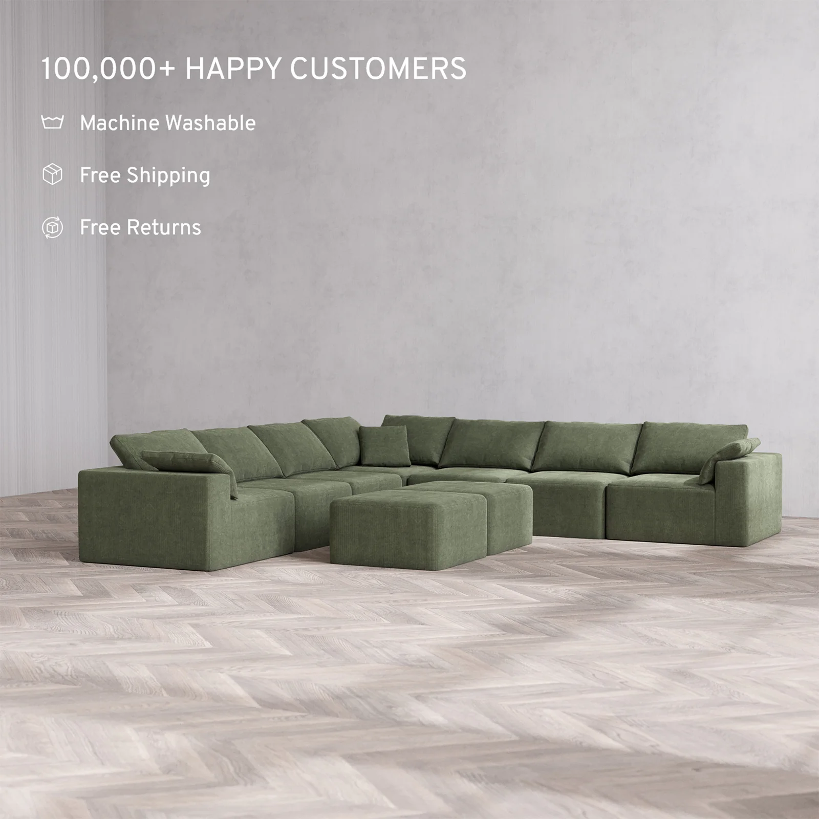 Slipcover Only - Modular Washable 7-Seater Corner Sectional + Ottoman Bench Cloud Sofa in Juniper - Image 2