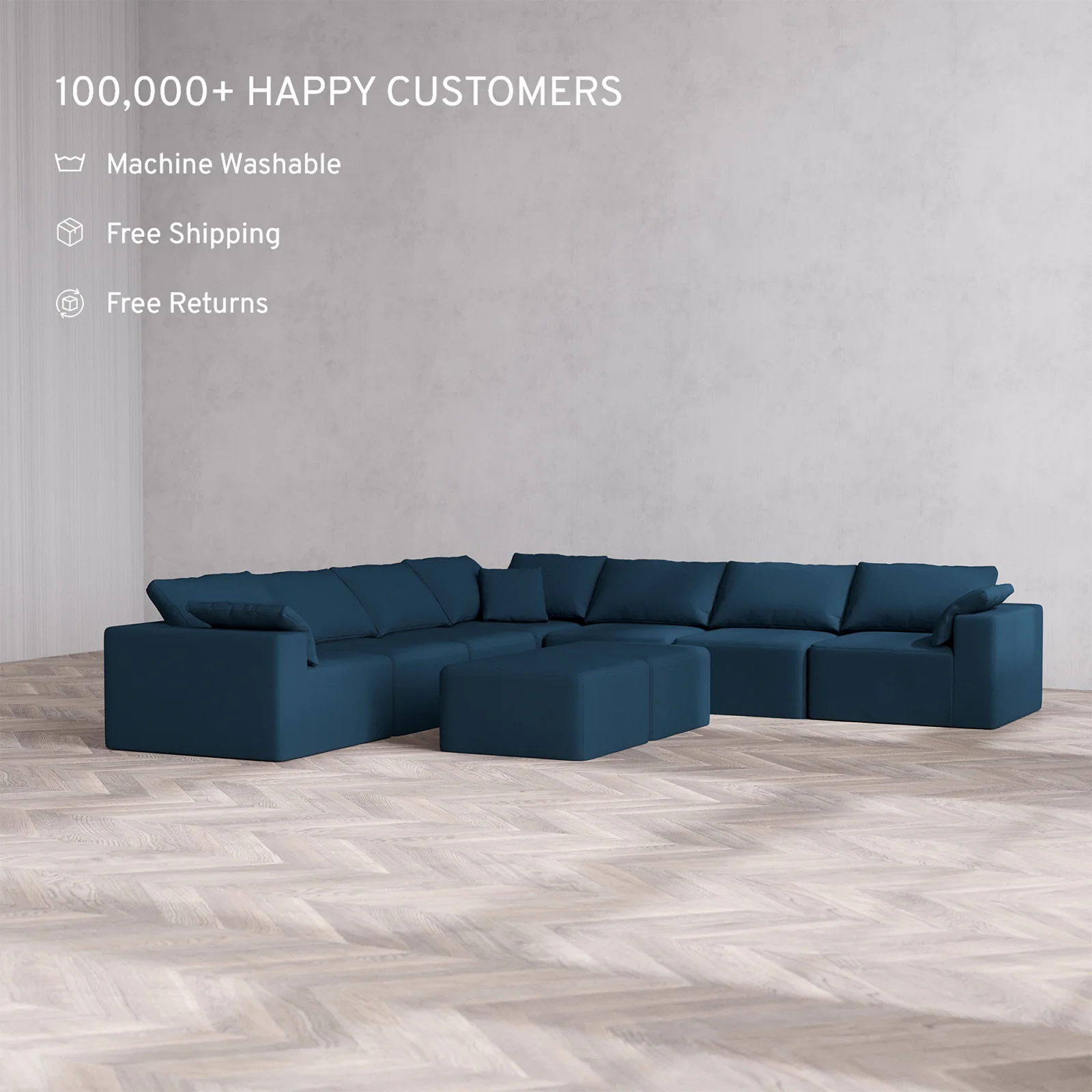 Slipcover Only - Modular Washable 7-Seater Corner Sectional + Ottoman Bench Cloud Sofa in Lazuli - Image 2