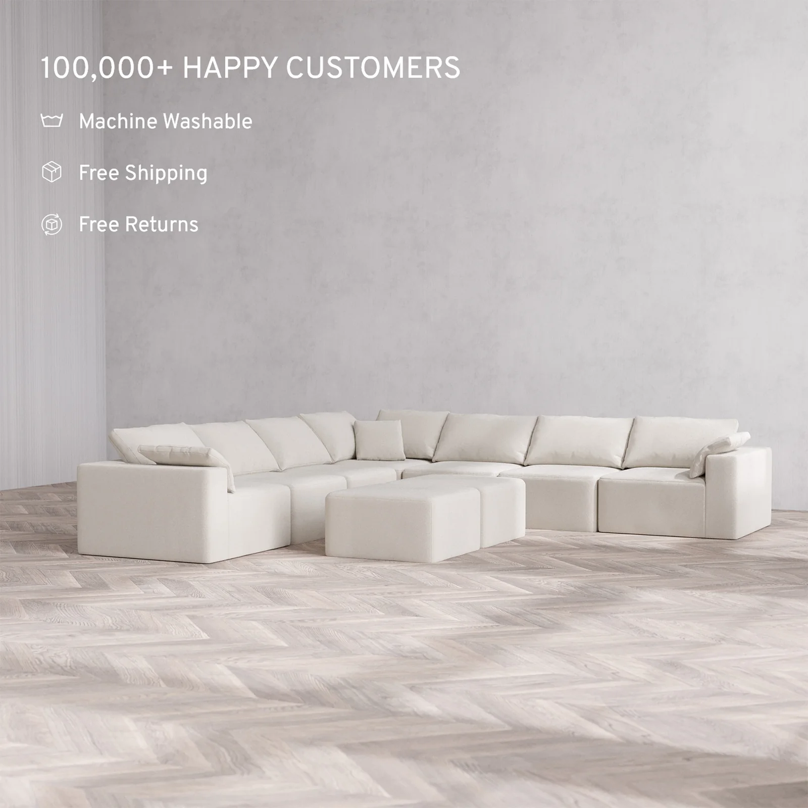 Slipcover Only - Modular Washable 7-Seater Corner Sectional + Ottoman Bench Cloud Sofa in Pearl - Image 2