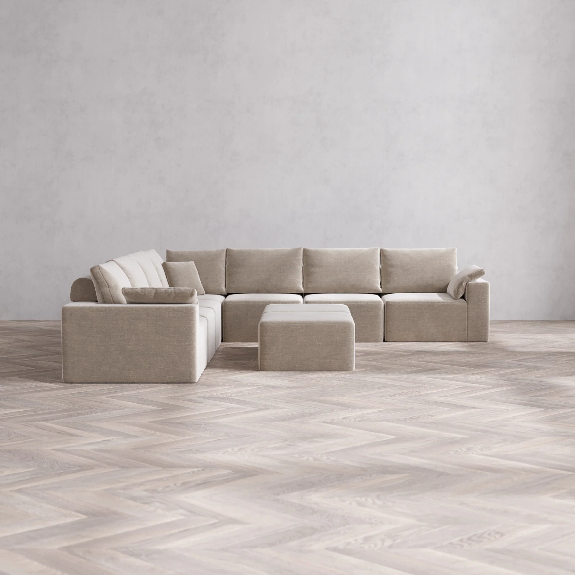 Slipcover Only - Modular Washable 7-Seater Corner Sectional + Ottoman Bench Cloud + Bolster Sofa in Caraway