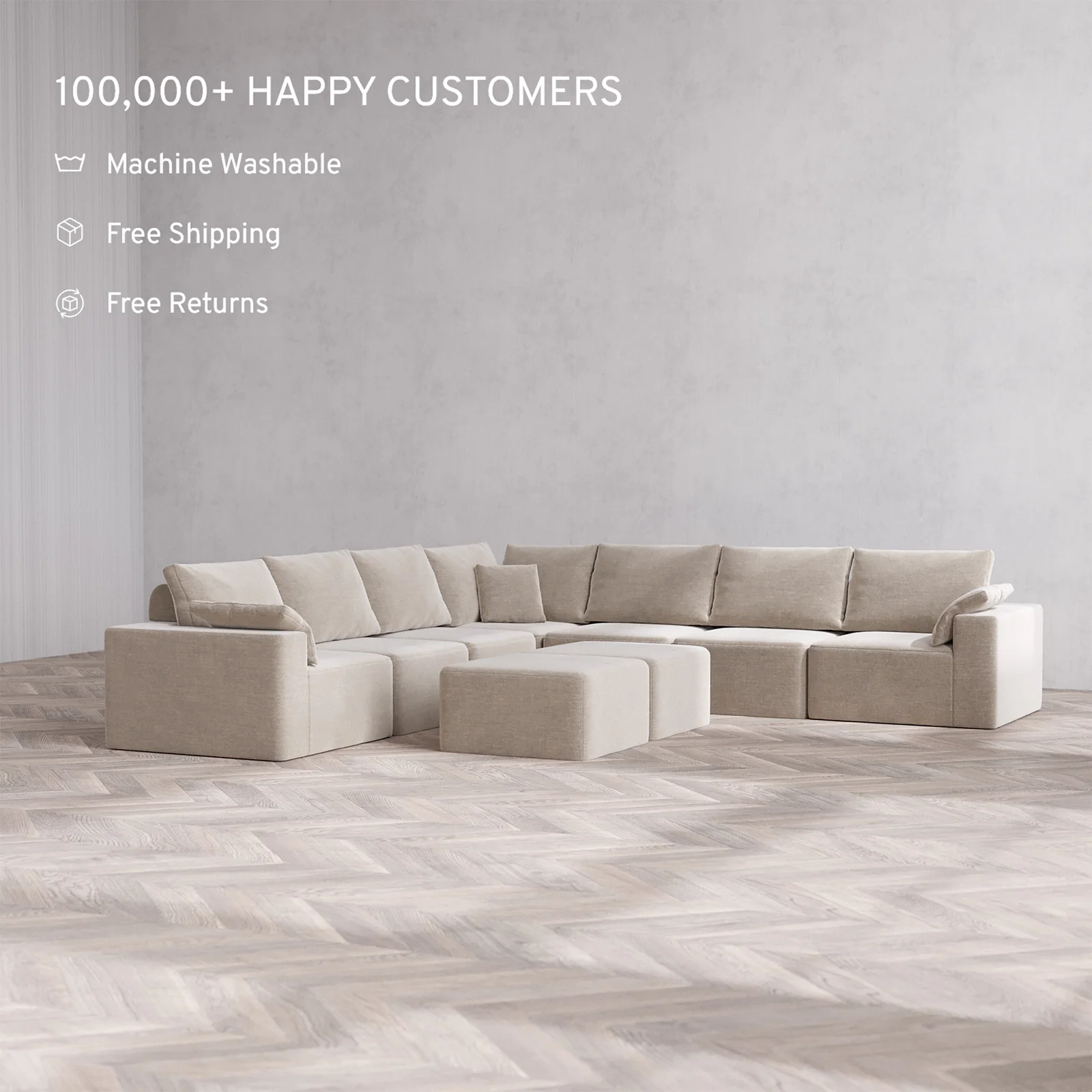 Slipcover Only - Modular Washable 7-Seater Corner Sectional + Ottoman Bench Cloud + Bolster Sofa in Caraway - Image 2