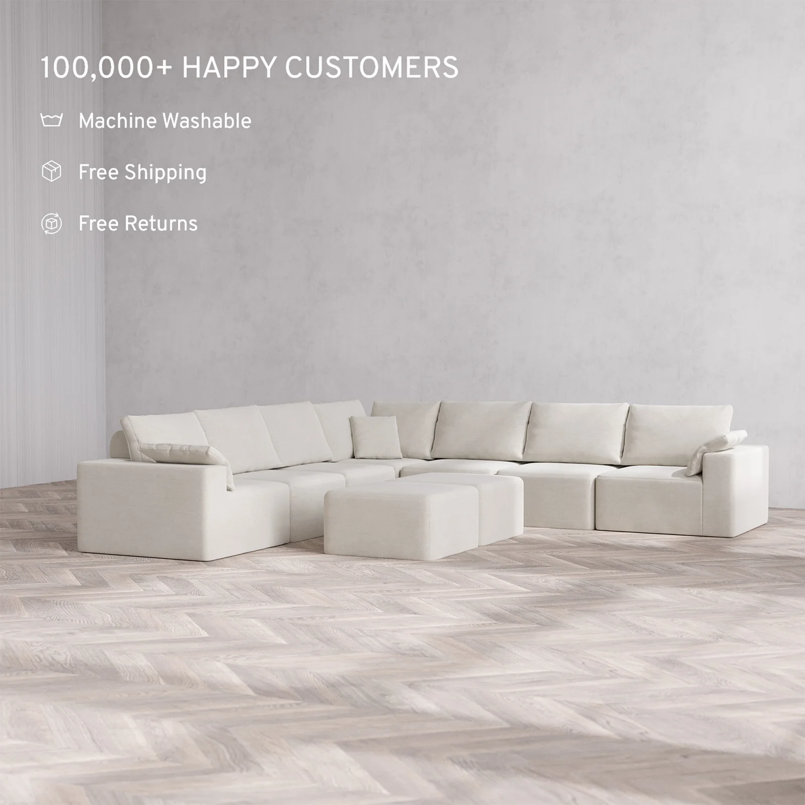 Slipcover Only - Modular Washable 7-Seater Corner Sectional + Ottoman Bench Cloud + Bolster Sofa in Cashew - Image 2
