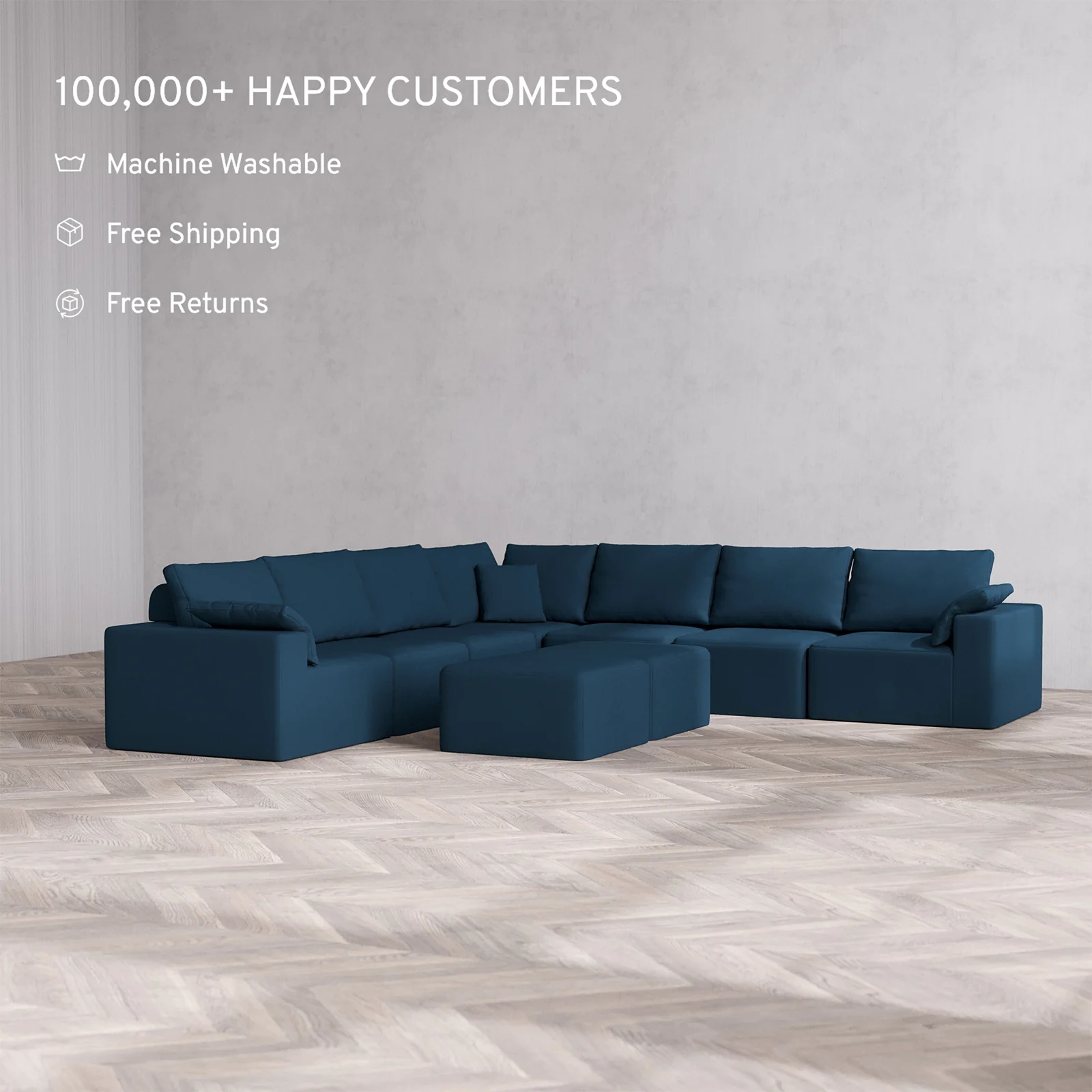 Slipcover Only - Modular Washable 7-Seater Corner Sectional + Ottoman Bench Cloud + Bolster Sofa in Lazuli - Image 2