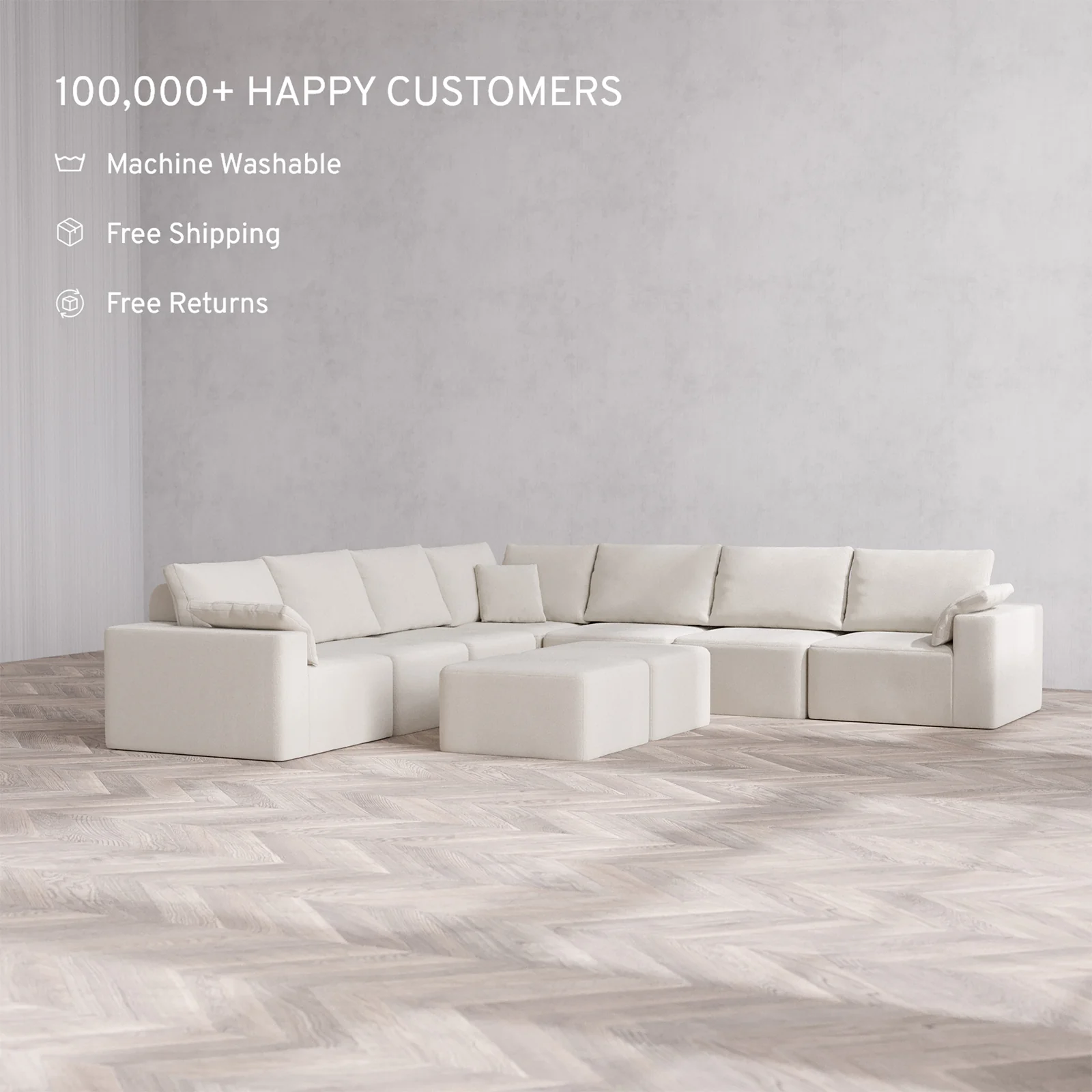 Slipcover Only - Modular Washable 7-Seater Corner Sectional + Ottoman Bench Cloud + Bolster Sofa in Pearl - Image 2