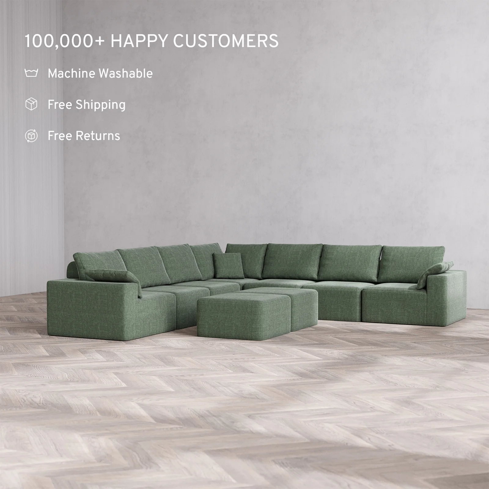 Slipcover Only - Modular Washable 7-Seater Corner Sectional + Ottoman Bench Cloud + Bolster Sofa in Sage - Image 2