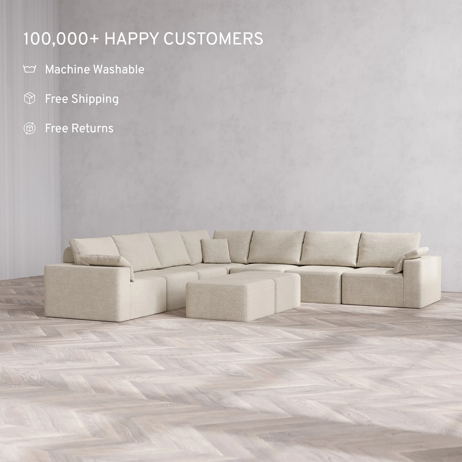 Slipcover Only - Modular Washable 7-Seater Corner Sectional + Ottoman Bench Cloud + Bolster Sofa in Sandstone - Image 2