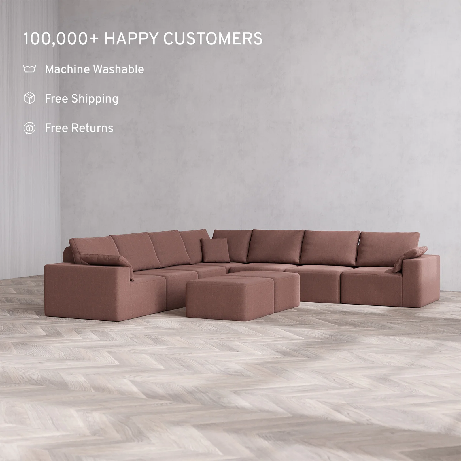 Slipcover Only - Modular Washable 7-Seater Corner Sectional + Ottoman Bench Cloud + Bolster Sofa in Sumac - Image 2