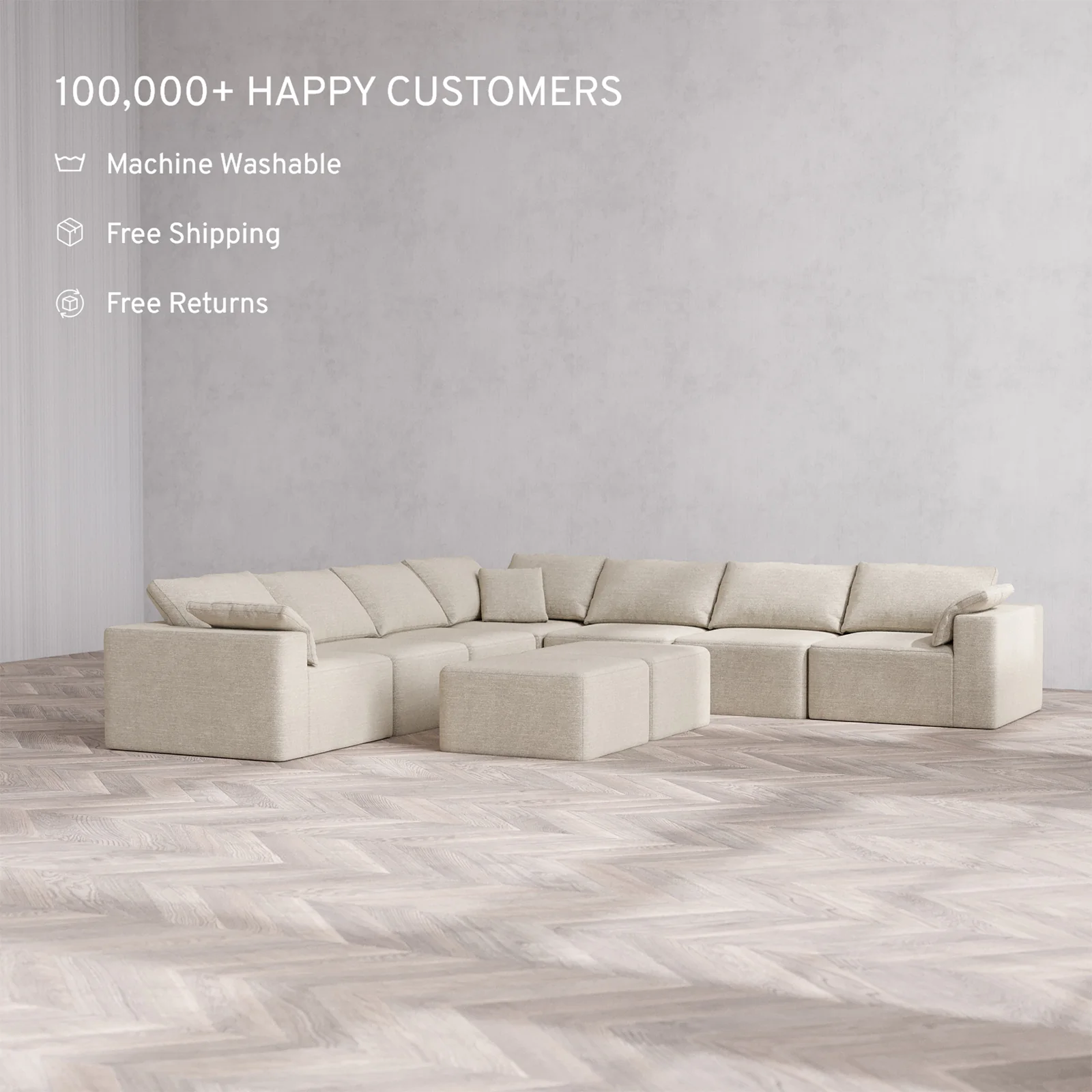 Slipcover Only - Modular Washable 7-Seater Corner Sectional + Ottoman Bench Cloud Sofa in Sandstone - Image 2