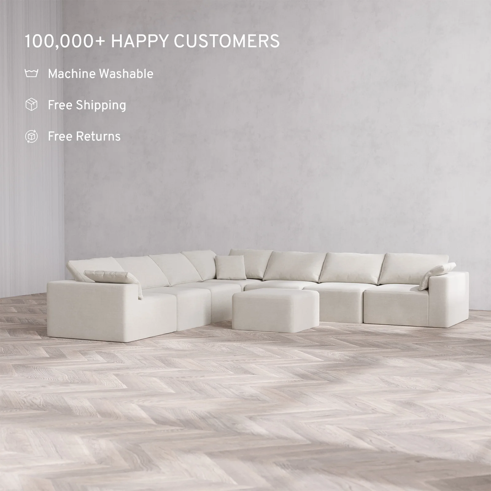 Slipcover Only - Modular Washable 7-Seater Corner Sectional + Ottoman Cloud Sofa in Cashew - Image 2