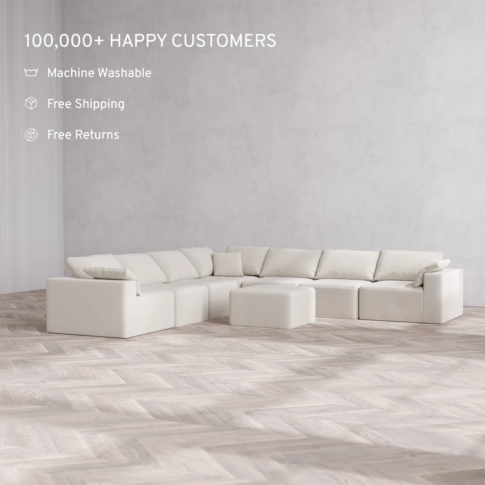 Slipcover Only - Modular Washable 7-Seater Corner Sectional + Ottoman Cloud Sofa in Pearl - Image 2