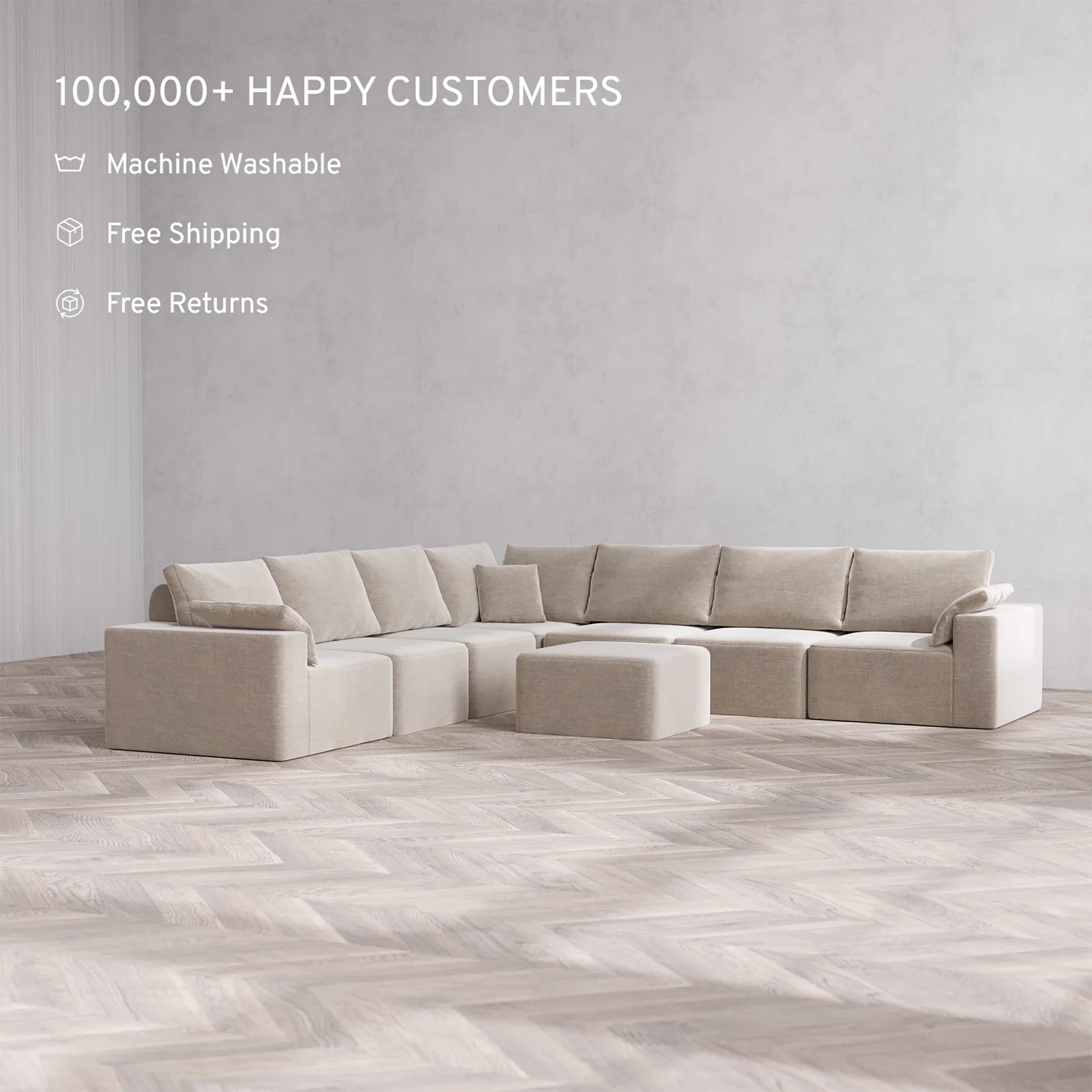 Slipcover Only - Modular Washable 7-Seater Corner Sectional + Ottoman Cloud + Bolster Sofa in Caraway - Image 2