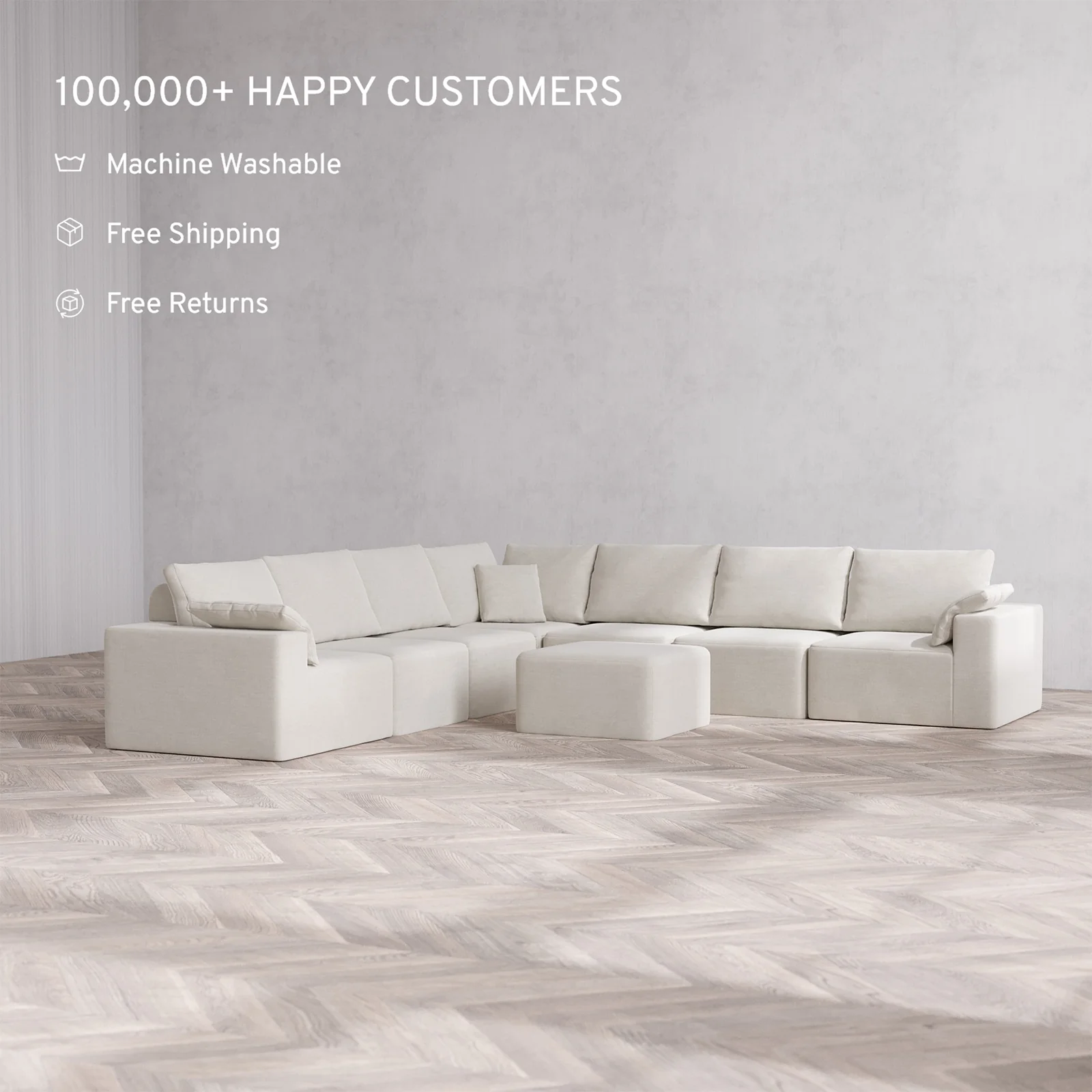 Slipcover Only - Modular Washable 7-Seater Corner Sectional + Ottoman Cloud + Bolster Sofa in Cashew - Image 2