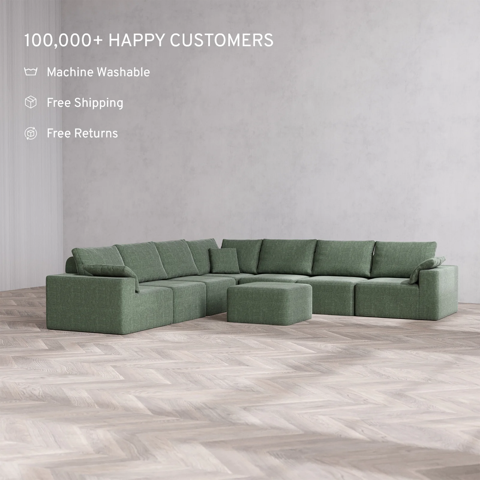 Slipcover Only - Modular Washable 7-Seater Corner Sectional + Ottoman Cloud + Bolster Sofa in Sage - Image 2