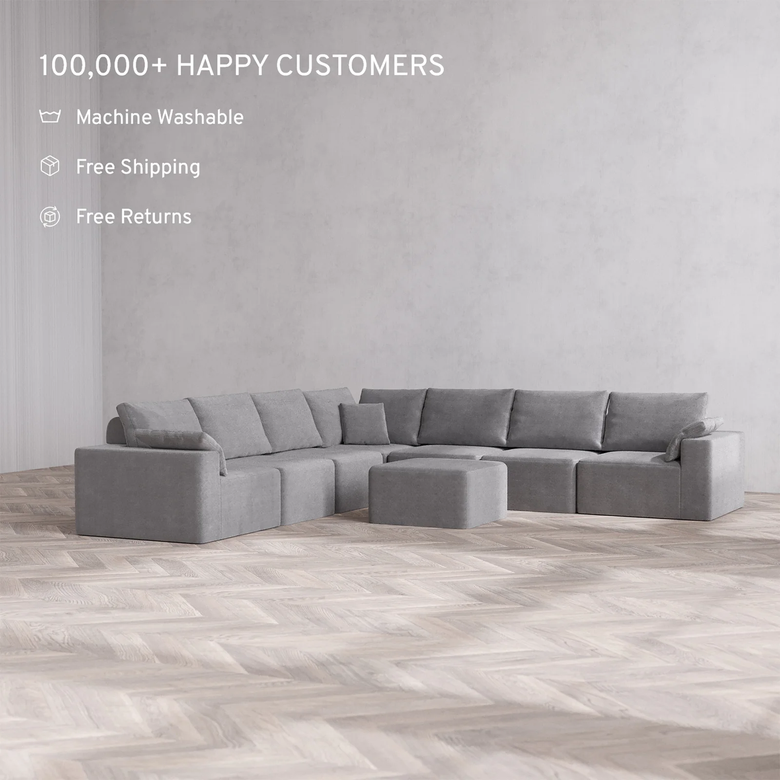 Slipcover Only - Modular Washable 7-Seater Corner Sectional + Ottoman Cloud + Bolster Sofa in Slate - Image 2