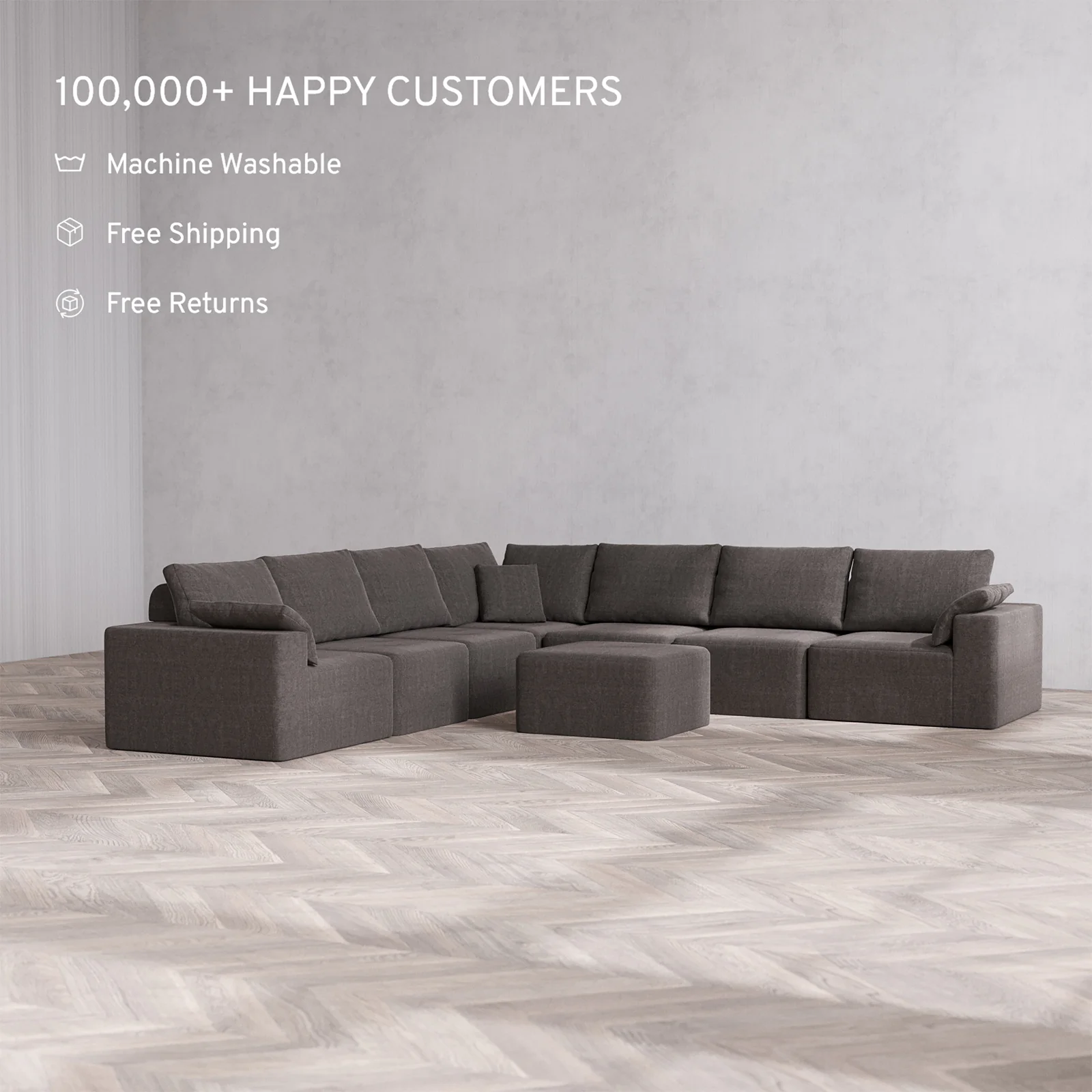 Slipcover Only - Modular Washable 7-Seater Corner Sectional + Ottoman Cloud + Bolster Sofa in Truffle - Image 2