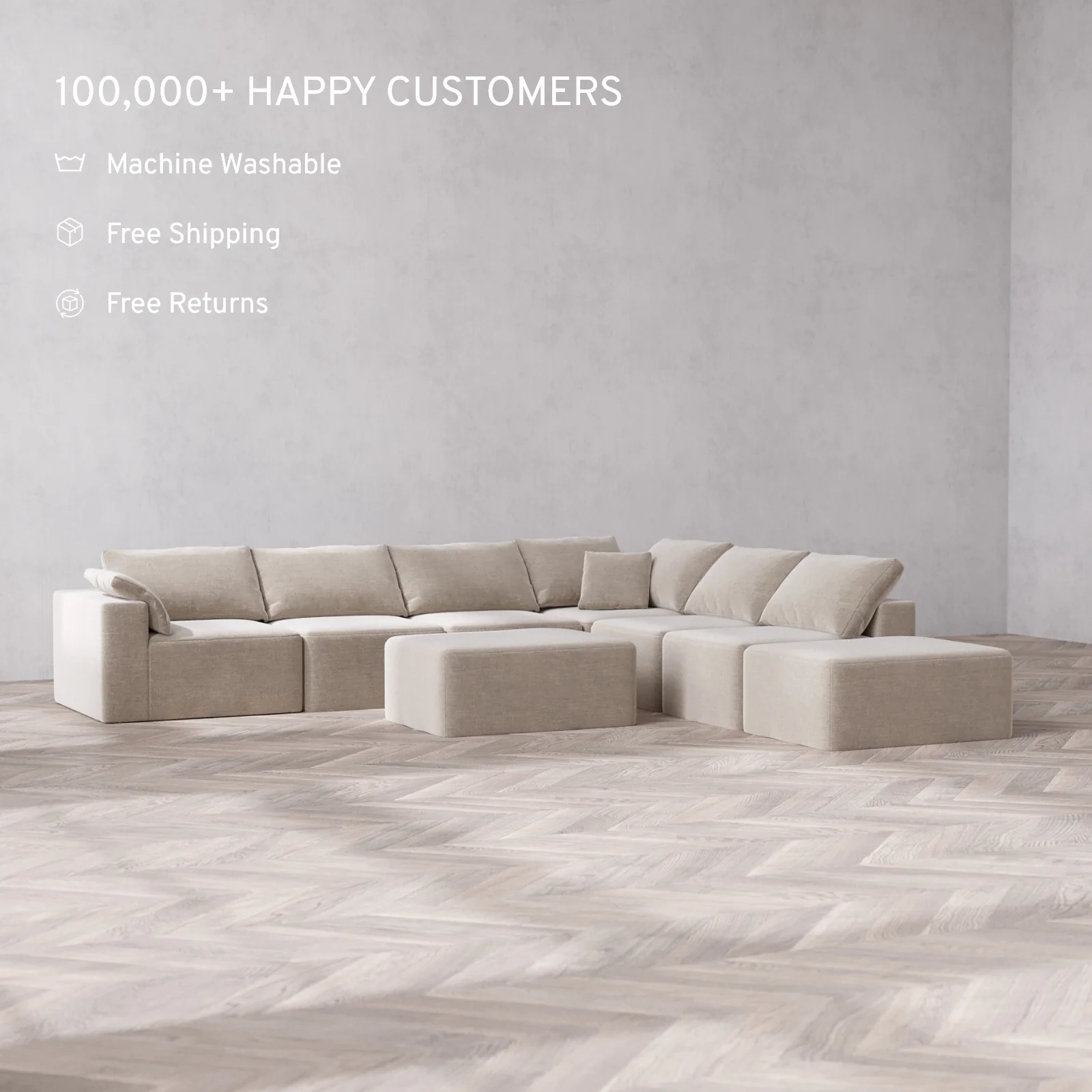 Slipcover Only - Modular Washable 7-Seater Open End Corner Sectional + Chaise Ottoman Cloud Sofa in Caraway | Left-Facing Arm - Image 2