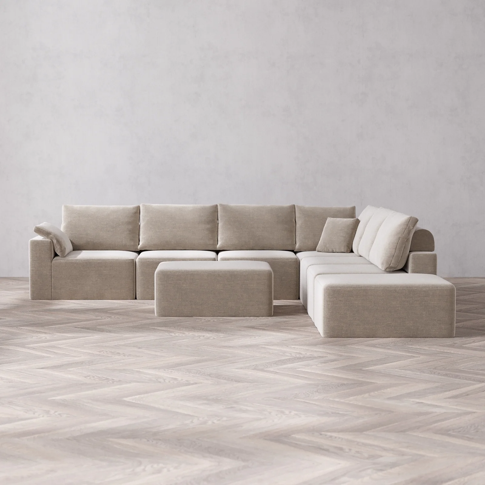 Slipcover Only - Modular Washable 7-Seater Open End Corner Sectional + Chaise Ottoman Cloud + Bolster Sofa in Caraway | Left-Facing Arm