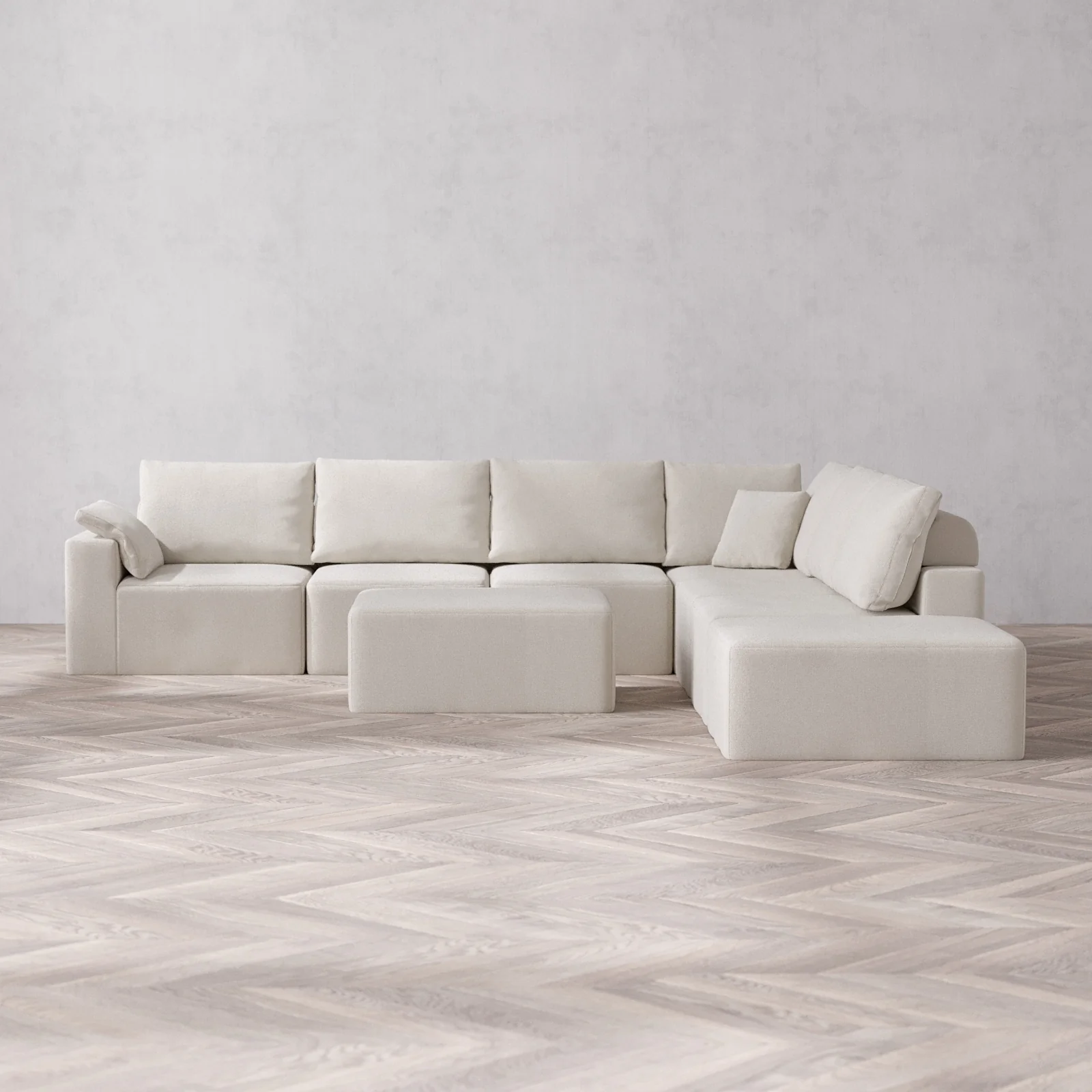 Slipcover Only - Modular Washable 7-Seater Open End Corner Sectional + Chaise Ottoman Cloud + Bolster Sofa in Pearl | Left-Facing Arm