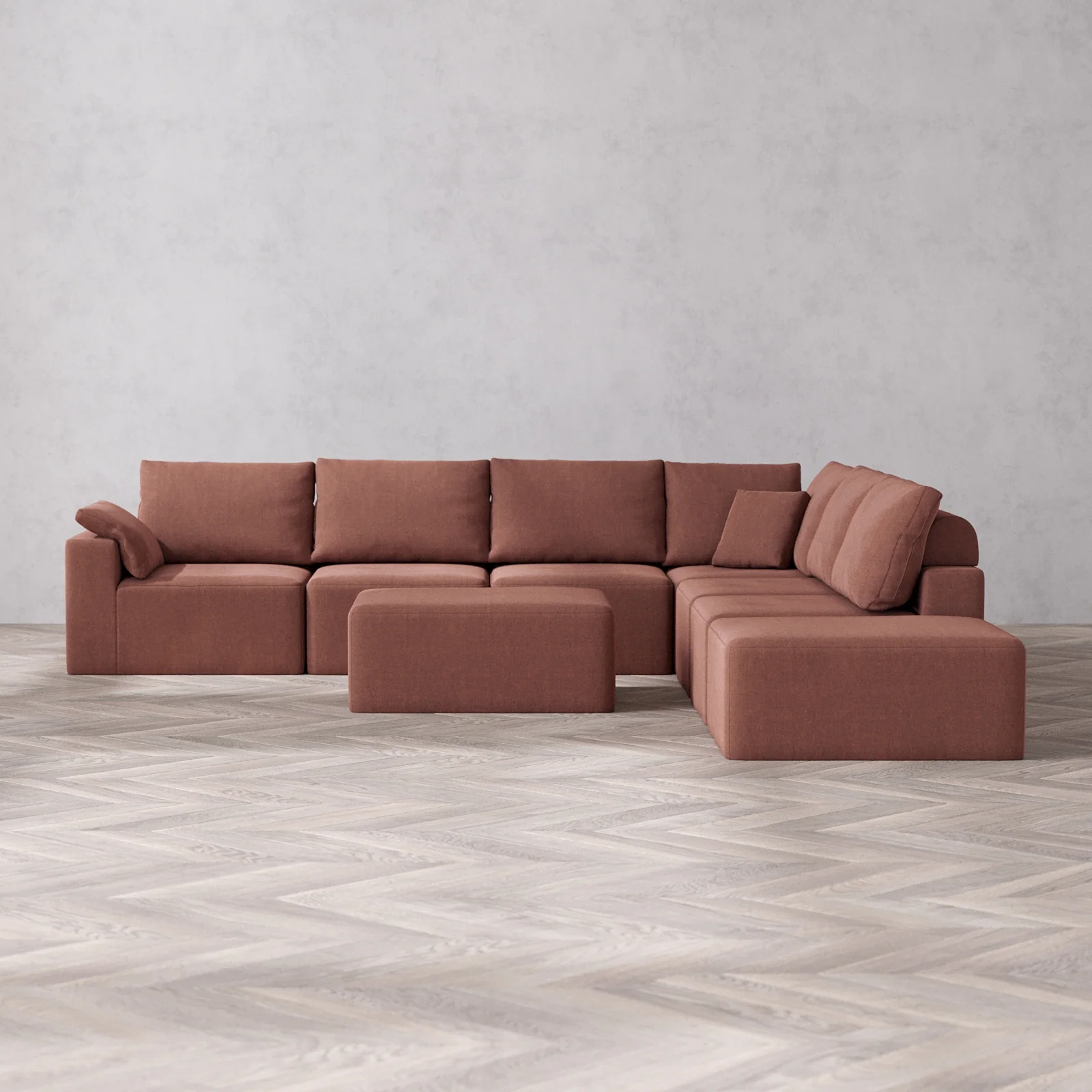 Slipcover Only - Modular Washable 7-Seater Open End Corner Sectional + Chaise Ottoman Cloud + Bolster Sofa in Sumac | Left-Facing Arm