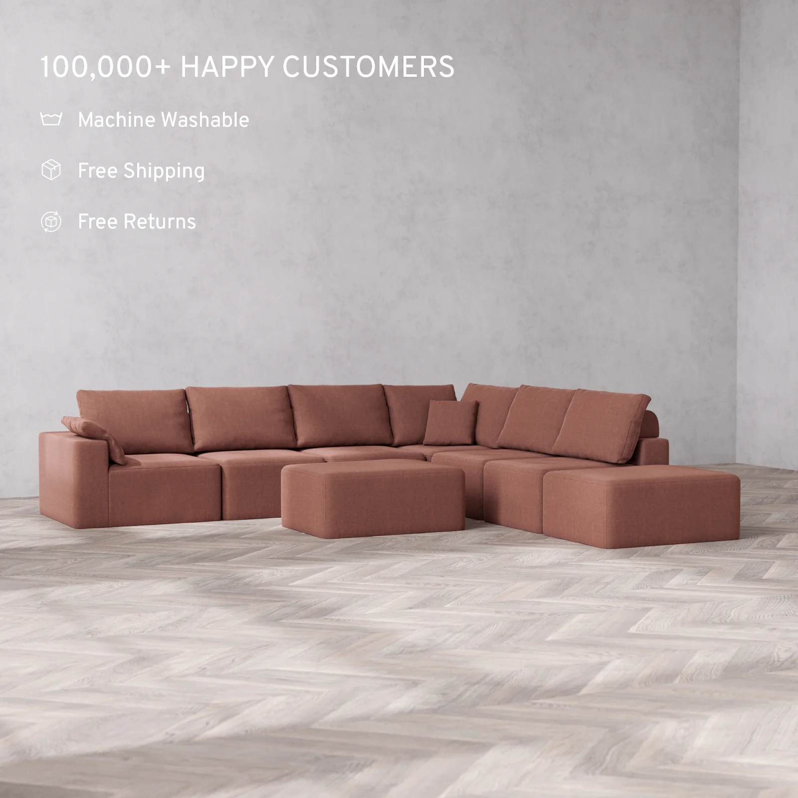Slipcover Only - Modular Washable 7-Seater Open End Corner Sectional + Chaise Ottoman Cloud + Bolster Sofa in Sumac | Left-Facing Arm - Image 2