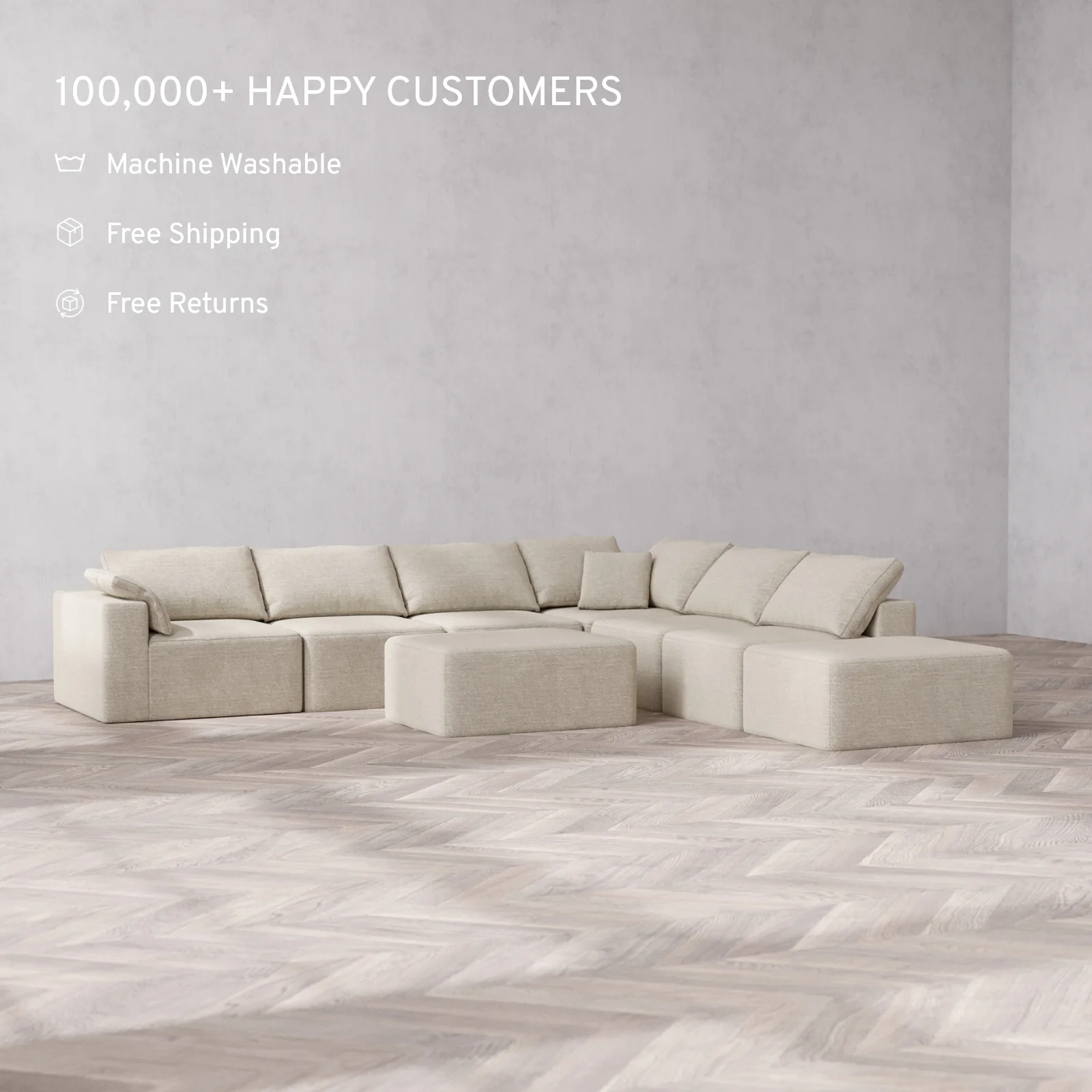 Slipcover Only - Modular Washable 7-Seater Open End Corner Sectional + Chaise Ottoman Cloud Sofa in Sandstone | Left-Facing Arm - Image 2