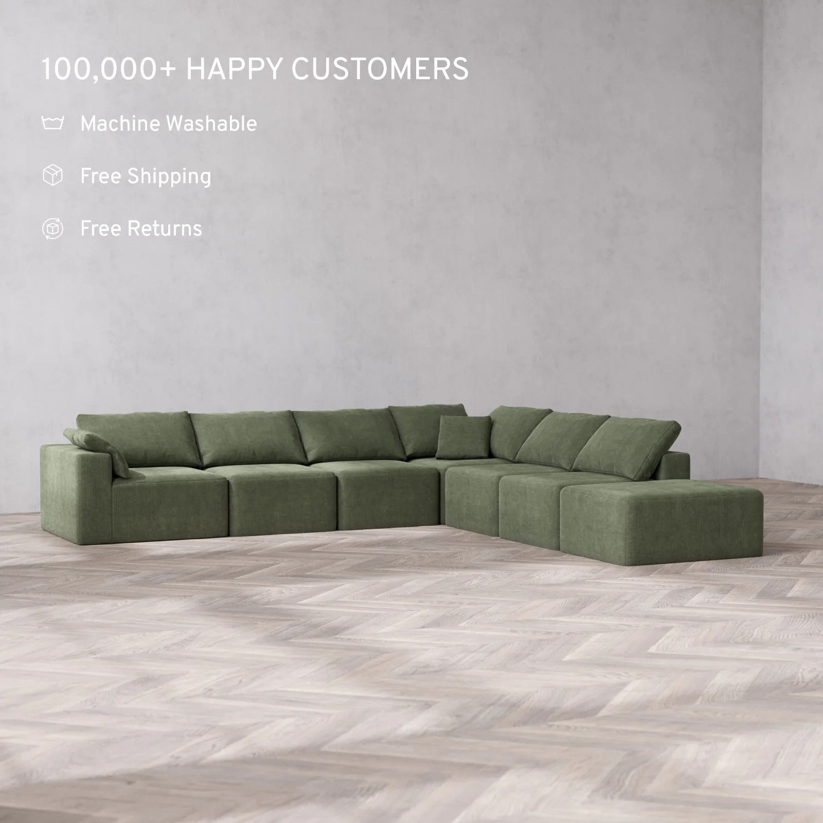 Slipcover Only - Modular Washable 7-Seater Open End Corner Sectional Cloud Sofa in Juniper | Left-Facing Arm - Image 2