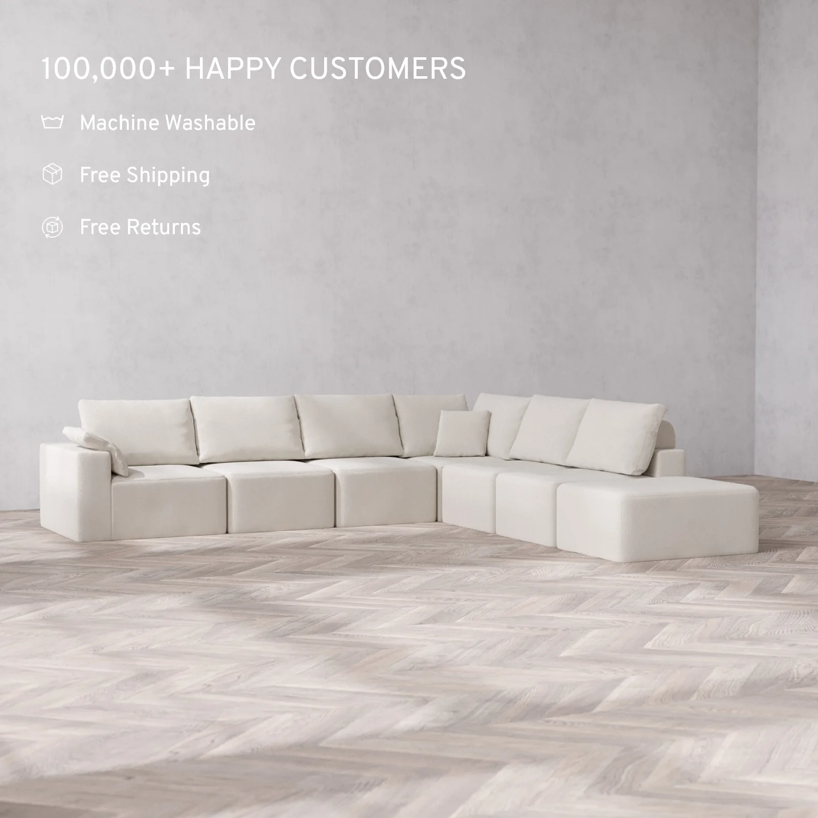 Slipcover Only - Modular Washable 7-Seater Open End Corner Sectional Cloud + Bolster Sofa in Pearl | Left-Facing Arm - Image 2