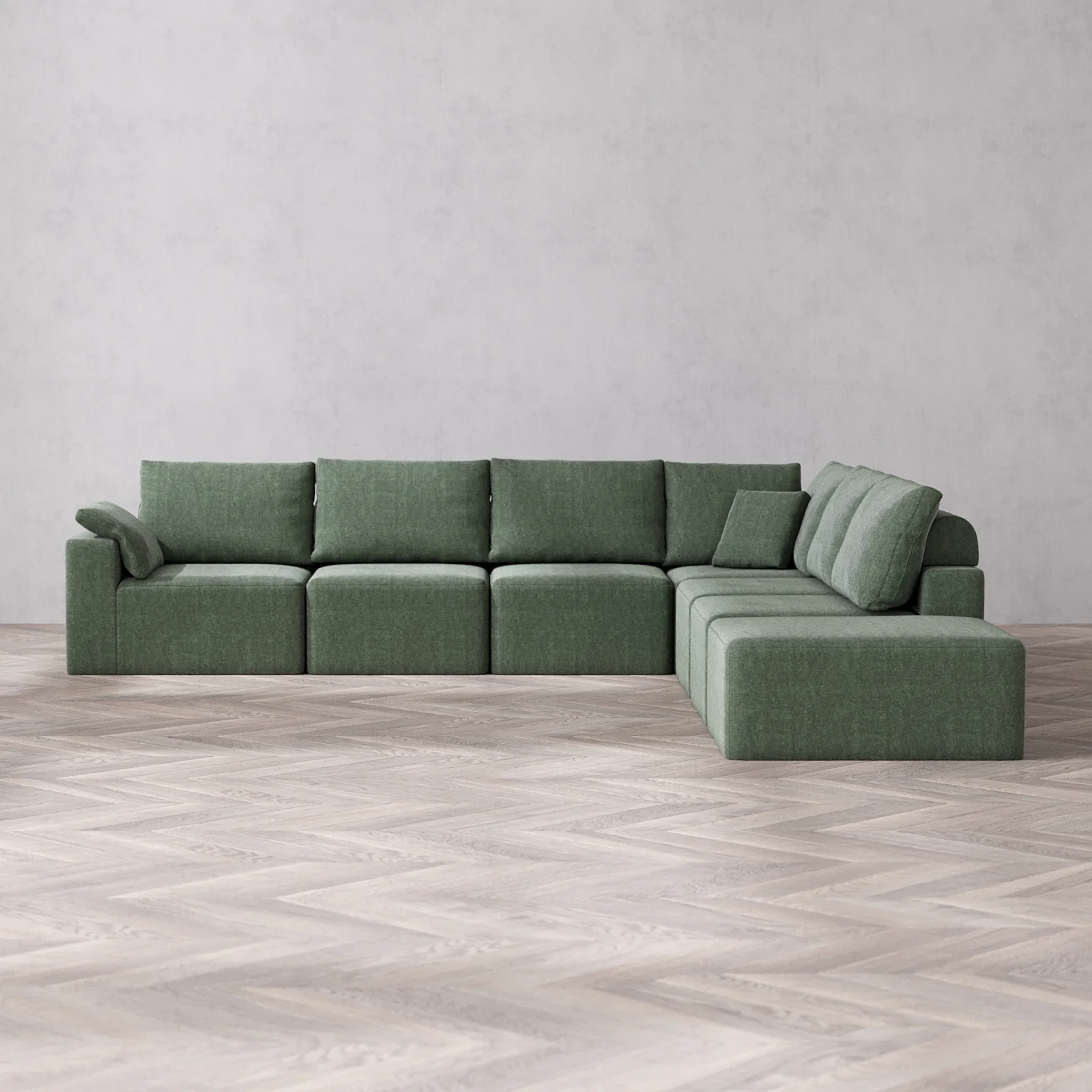 Slipcover Only - Modular Washable 7-Seater Open End Corner Sectional Cloud + Bolster Sofa in Sage | Left-Facing Arm