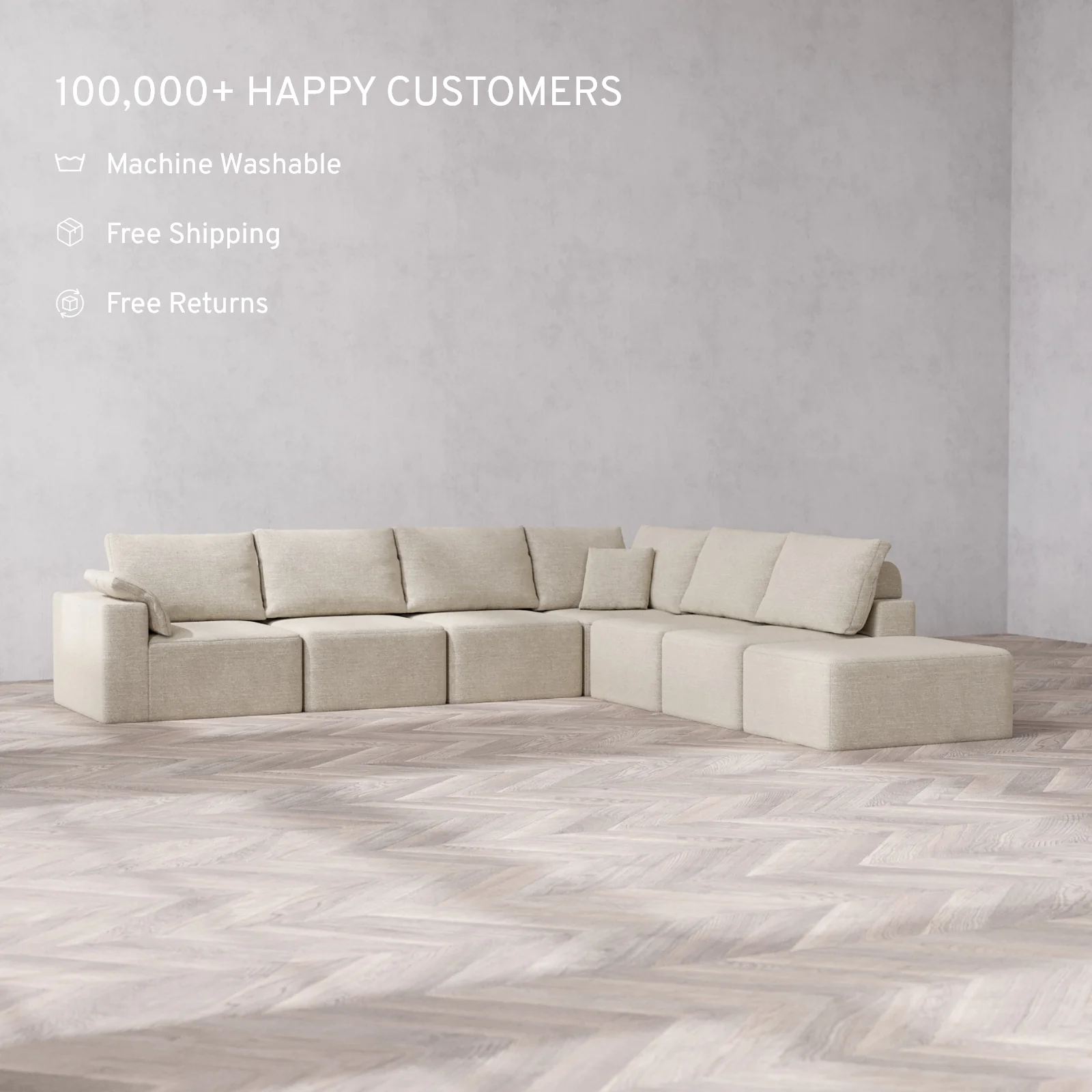 Slipcover Only - Modular Washable 7-Seater Open End Corner Sectional Cloud + Bolster Sofa in Sandstone | Left-Facing Arm - Image 2