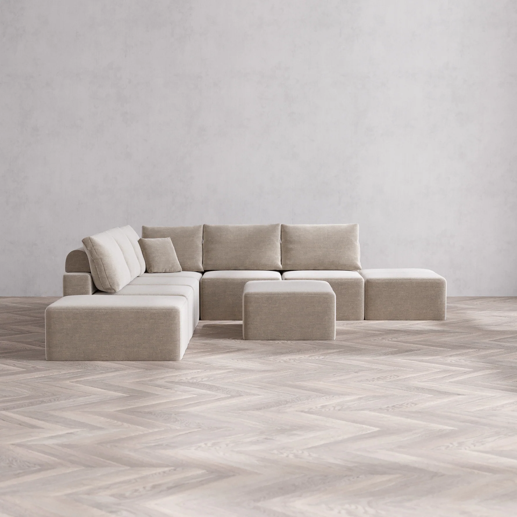 Slipcover Only - Modular Washable 7-Seater Open-Ends Corner Sectional + Chaise Ottoman Cloud + Bolster Sofa in Caraway