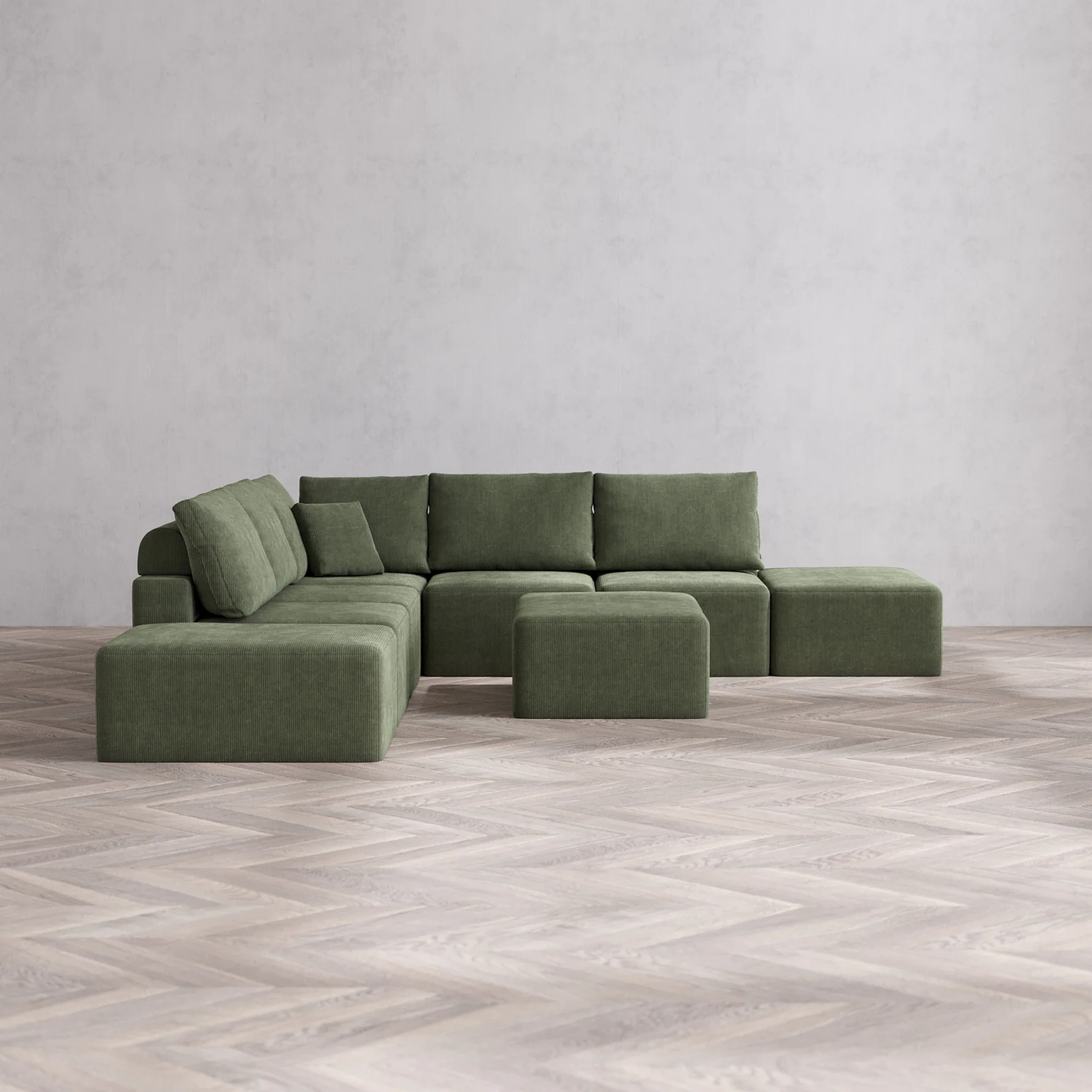 Slipcover Only - Modular Washable 7-Seater Open-Ends Corner Sectional + Chaise Ottoman Cloud + Bolster Sofa in Juniper