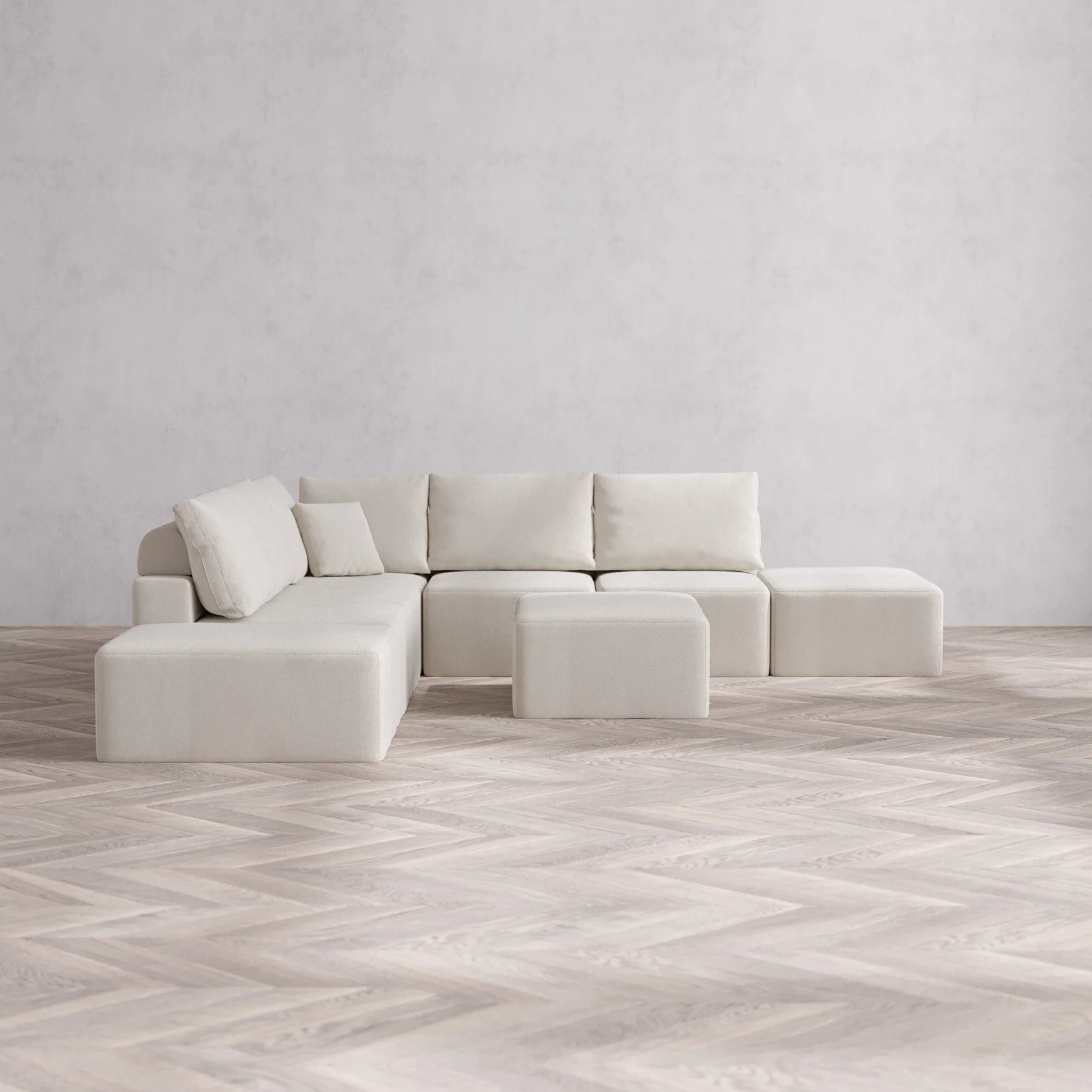Slipcover Only - Modular Washable 7-Seater Open-Ends Corner Sectional + Chaise Ottoman Cloud + Bolster Sofa in Pearl