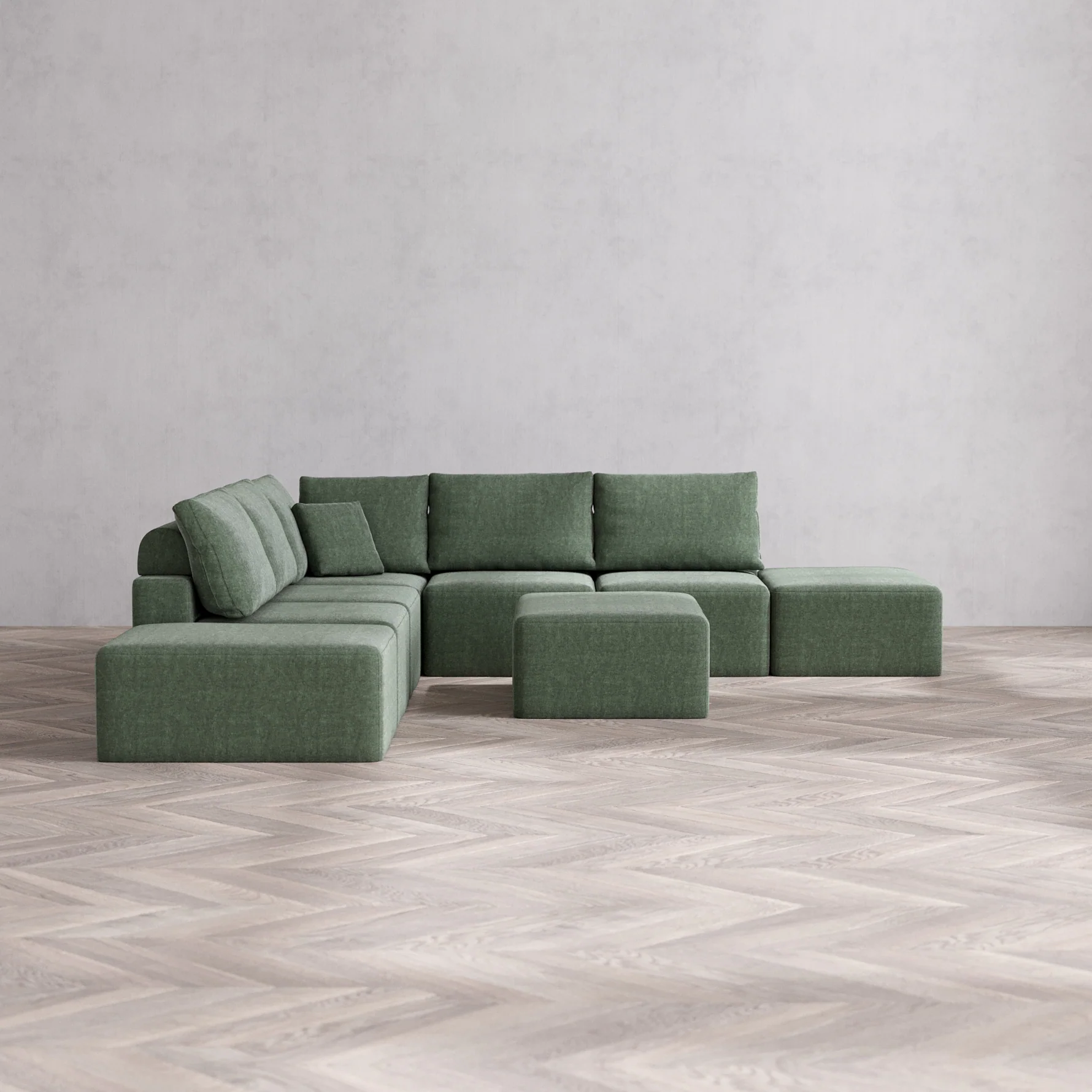 Slipcover Only - Modular Washable 7-Seater Open-Ends Corner Sectional + Chaise Ottoman Cloud + Bolster Sofa in Sage