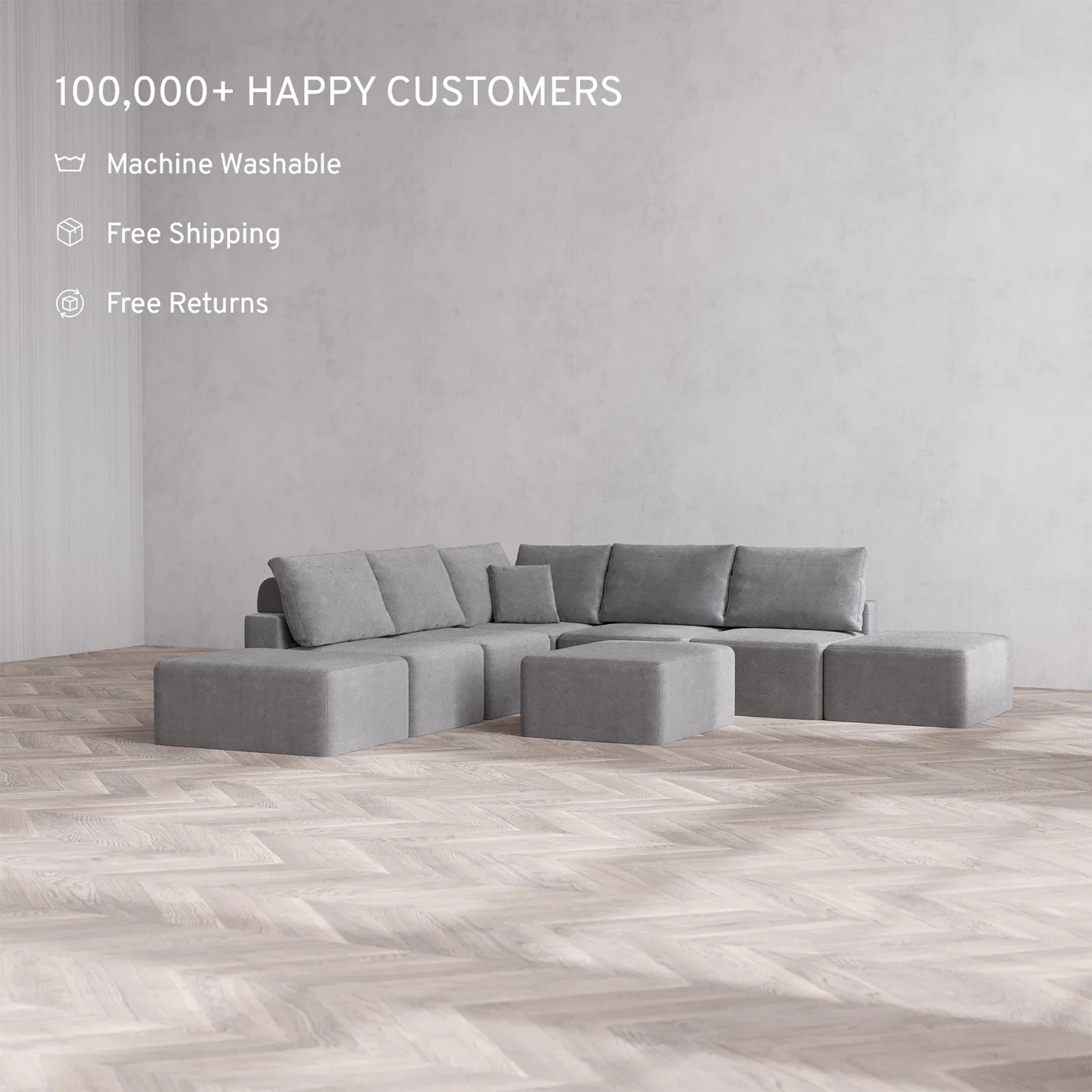 Slipcover Only - Modular Washable 7-Seater Open-Ends Corner Sectional + Chaise Ottoman Cloud + Bolster Sofa in Slate - Image 2