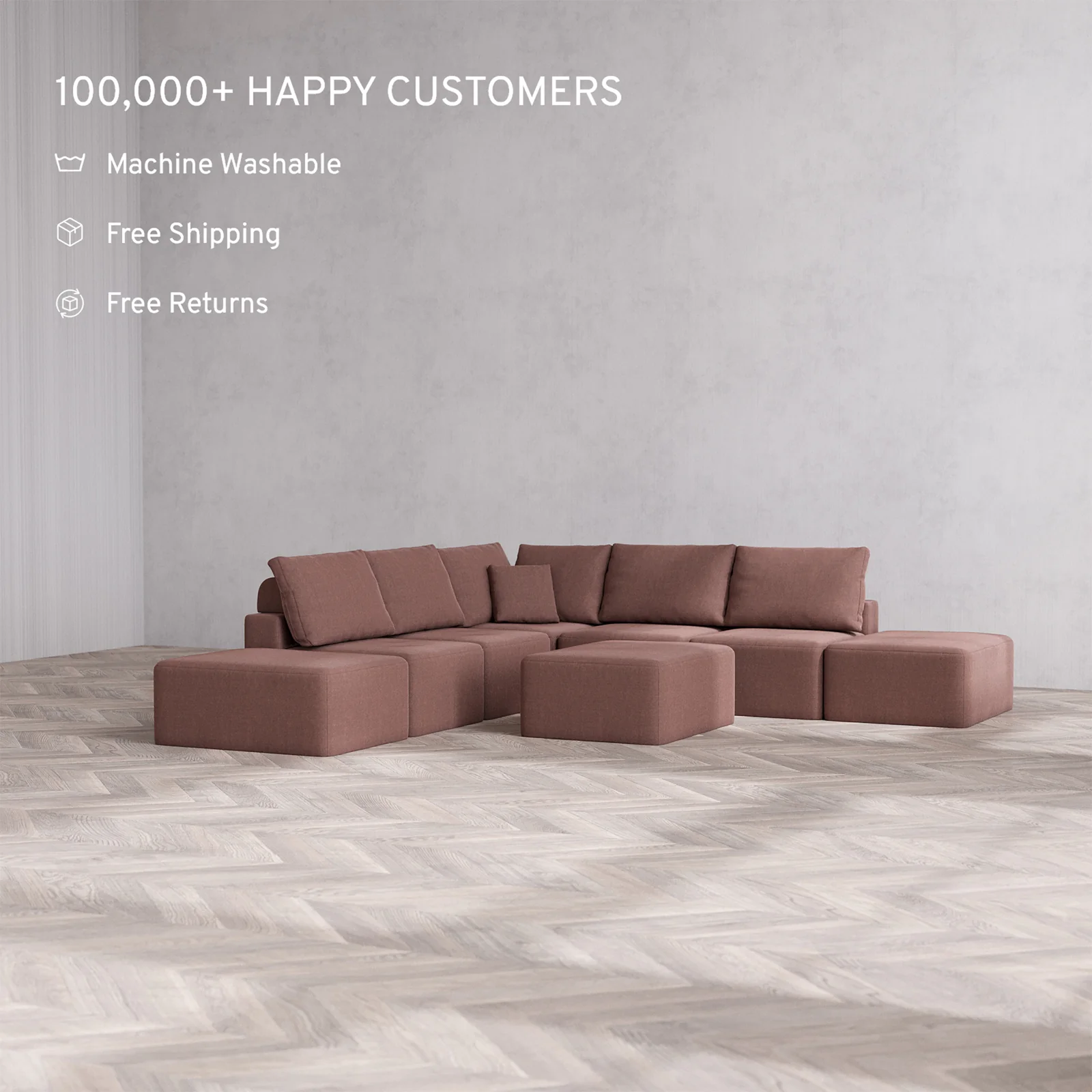 Slipcover Only - Modular Washable 7-Seater Open-Ends Corner Sectional + Chaise Ottoman Cloud + Bolster Sofa in Sumac - Image 2