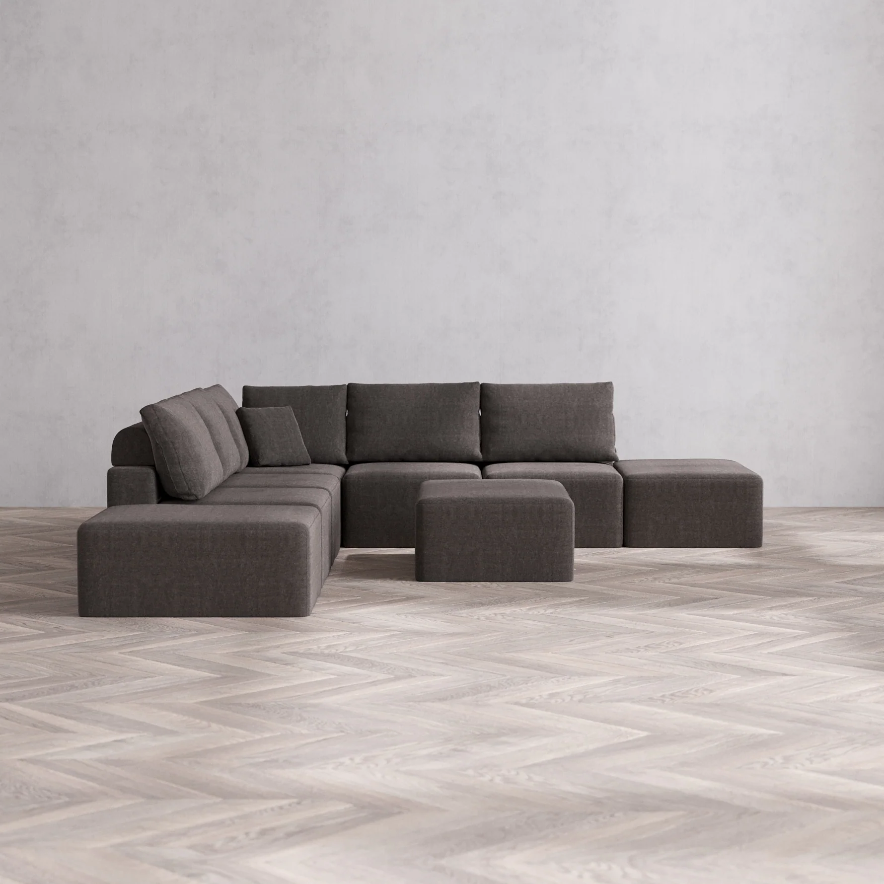 Slipcover Only - Modular Washable 7-Seater Open-Ends Corner Sectional + Chaise Ottoman Cloud + Bolster Sofa in Truffle